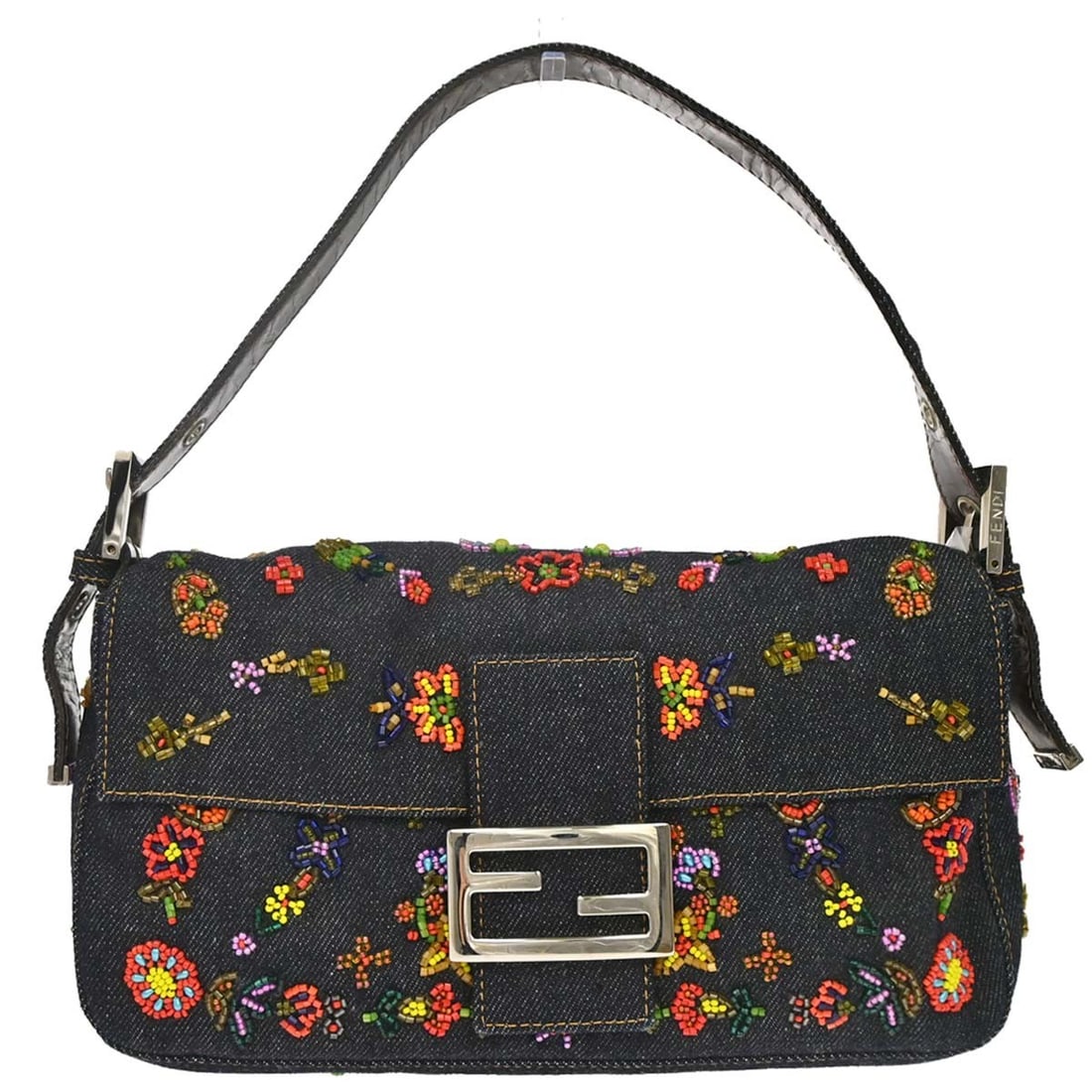 Fendi Baguette Navy Denim Beaded Shoulder Bag Italy (1 of 15)