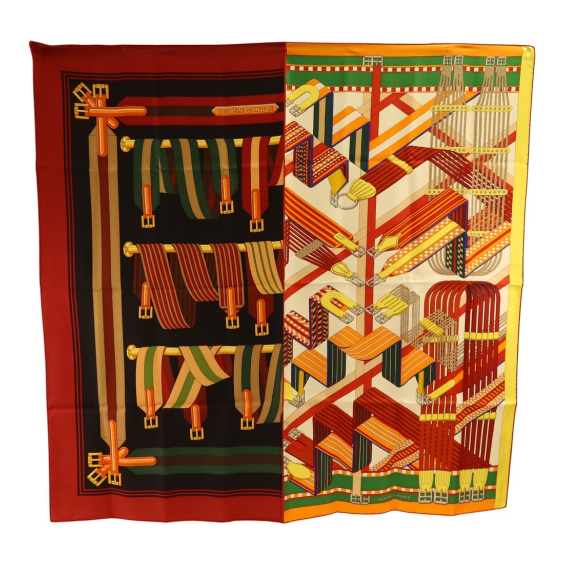 Hermes Silk Square Scarf 90x90 Red Black Multicolor: Hermes Silk Square Scarf 90x90 Red Black Multicolor A Hermes 90x90 scarf made of silk in a red, black, and multicolor design. It is listed as a women's regular-size scarf, made in France, and offered 