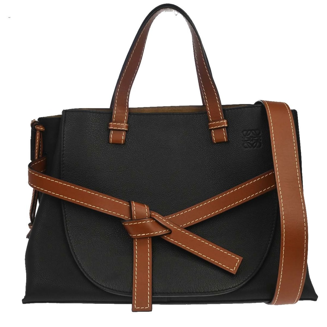 Loewe Gate Medium Black Leather Top Handle Bag with Shoulder Strap: Loewe Gate Medium Black Leather Top Handle Bag with Shoulder Strap Loewe Gate 2way handbag in black leather, designed as a medium top handle bag with double handles and a shoulder strap. It features i