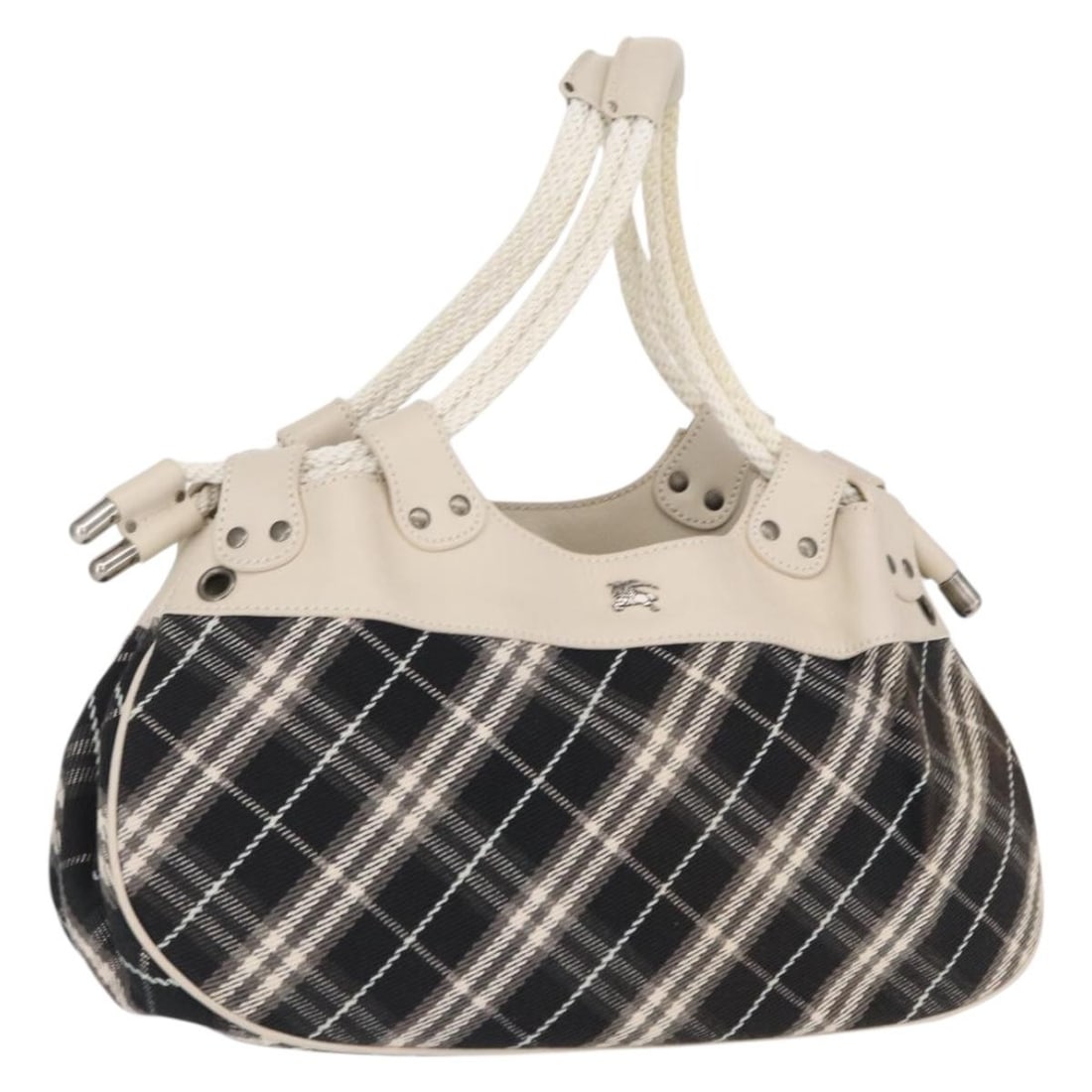 Canvas Black Burberry Blue Label Nova Check Handbag Made in Japan: Canvas Black Burberry Blue Label Nova Check Handbag Made in Japan This BURBERRY Nova Check Blue Label handbag features a classic design crafted from black canvas. Made in Japan, the bag has a structur