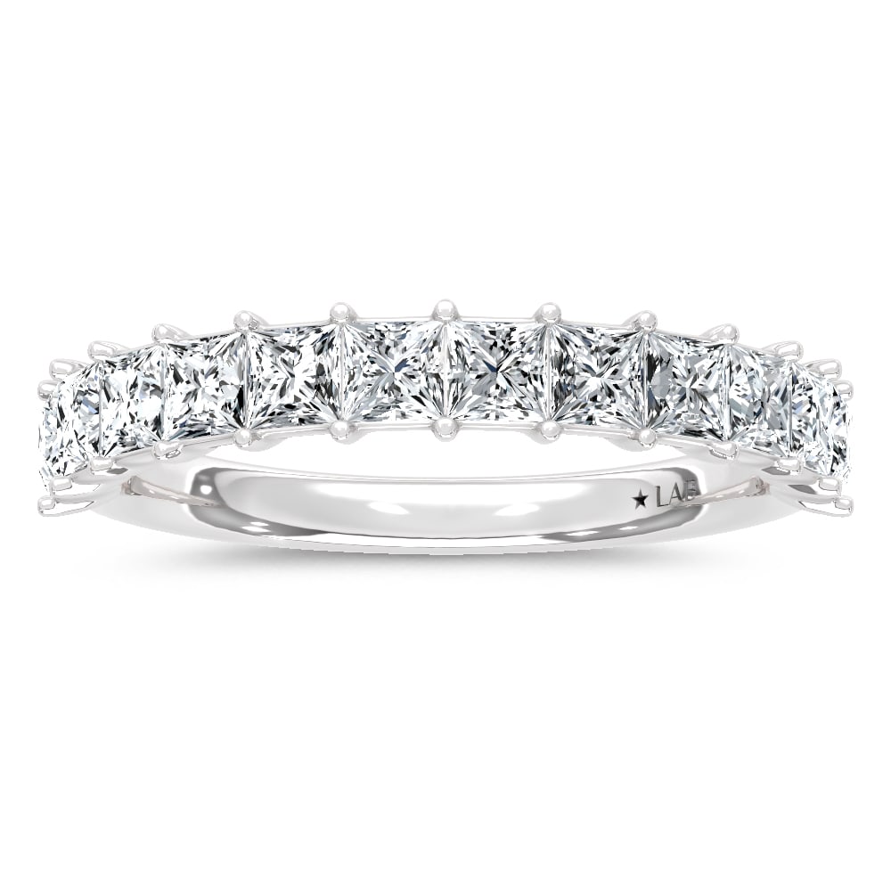 14K White Gold Lab Grown Diamond 1 3/4 Ct.Tw. Princess Band: 14K White Gold Lab Grown Diamond 1 3/4 Ct.Tw. Princess Band 14k White Gold Stone Color: D-f Stone Clarity: Vs Each ring is presented in standard size 6.5. Complimentary resizing is available between s