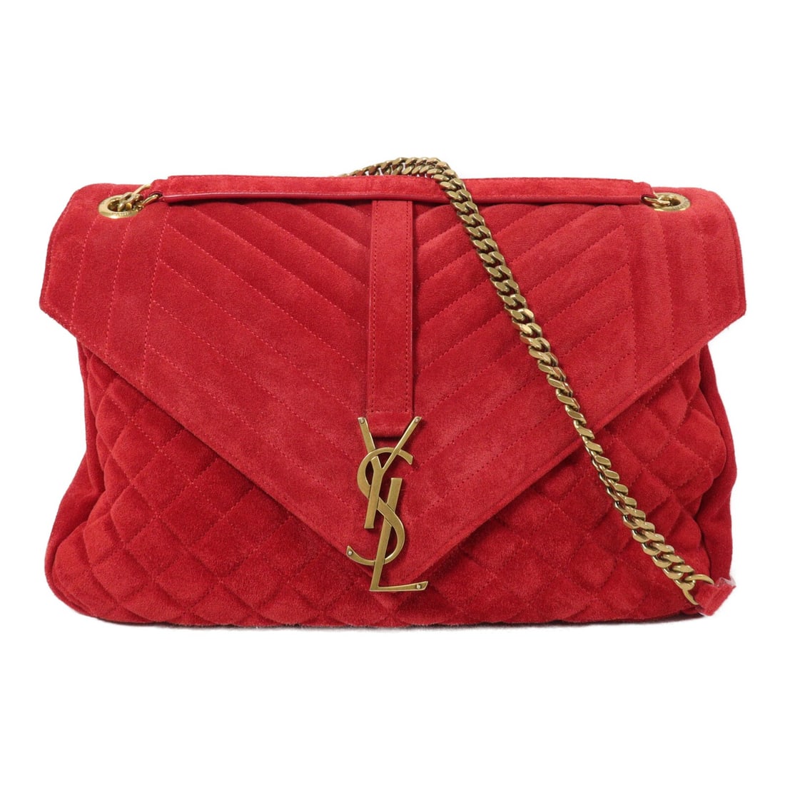 Saint Laurent TCT440115 Large Envelope Shoulder Bag Red Suede Chain: Saint Laurent TCT440115 Large Envelope Shoulder Bag Red Suede Chain A Saint Laurent YSL Carpet Large Envelope Chain Shoulder Bag in red suede, model TCT440115. It features a chain shoulder strap, a ma