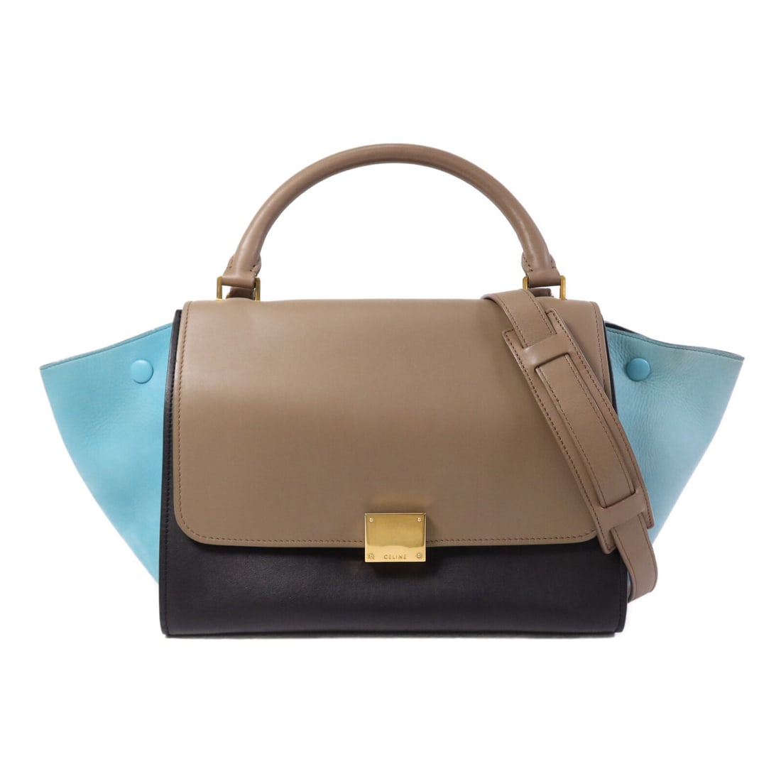 CELINE Trapeze calfskin 2 way shoulder bag blue brown: CELINE Trapeze calfskin 2 way shoulder bag blue brown CELINE Trapeze 2 Way Shoulder Bag in calfskin leather with a brown and blue color combination. It features a turn lock closure, one outside zip po