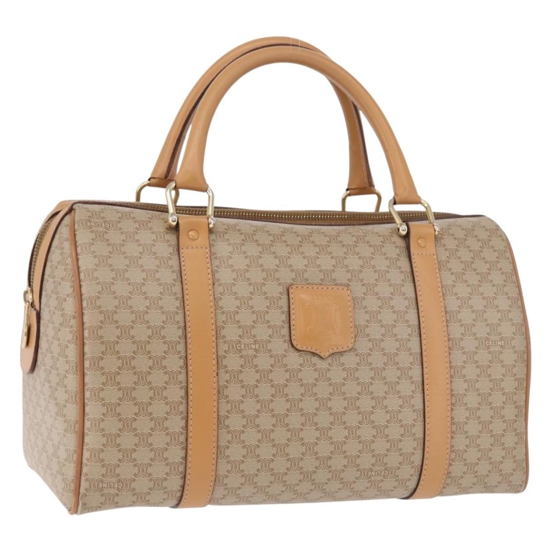 CELINE Macadam Boston Bag in Beige PVC Leather with Dust Bag: CELINE Macadam Boston Bag in Beige PVC Leather with Dust Bag Authentic CELINE Macadam canvas Boston bag in beige and gold, crafted in PVC leather with a structured silhouette and dual top handles. Inc