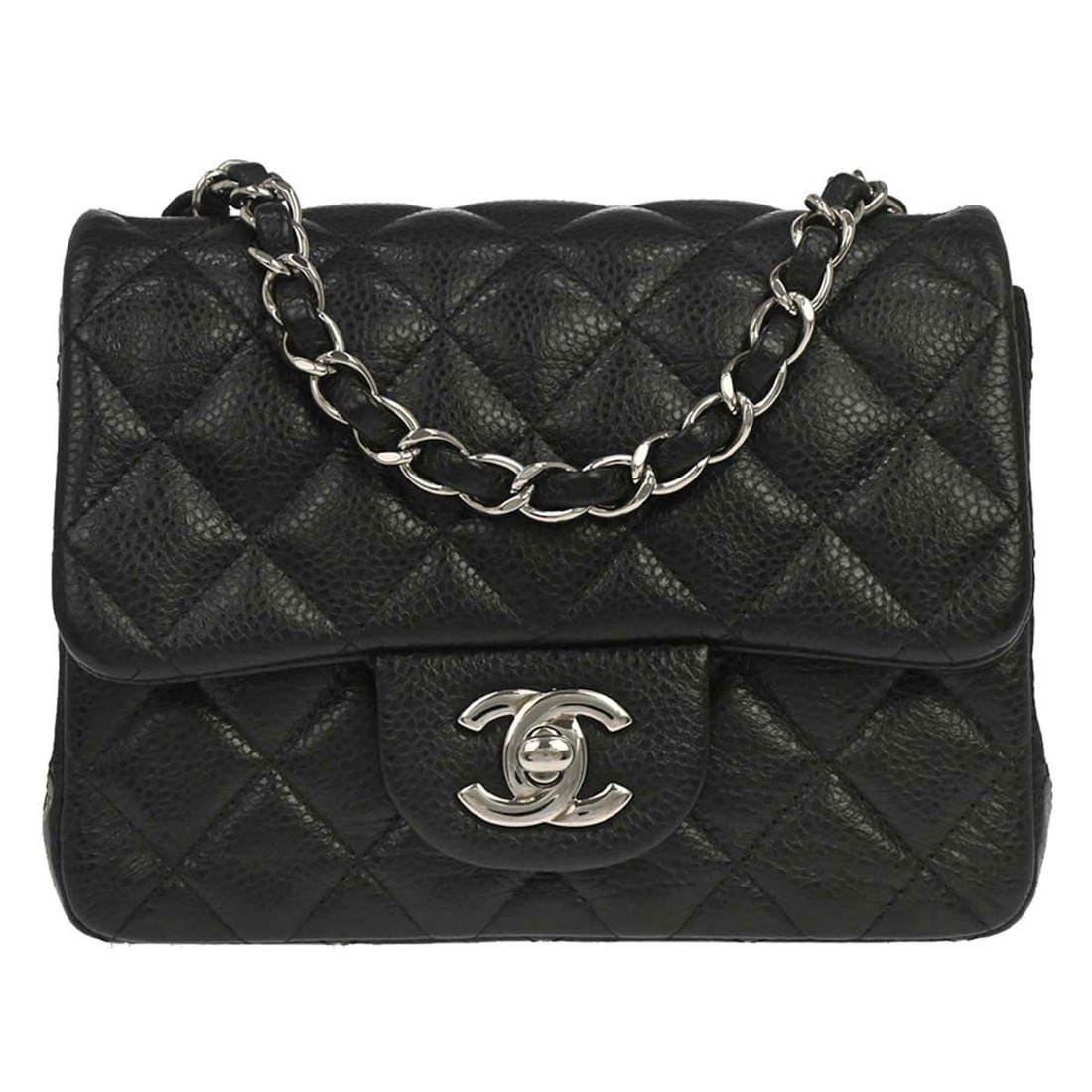 CHANEL Classic Single Flap Mini Square Shoulder Bag Black Caviar Leather: CHANEL Classic Single Flap Mini Square Shoulder Bag Black Caviar Leather This Chanel Mini Classic Square Flap Shoulder Bag is crafted in black caviar skin leather and features a turn-lock closure, cro
