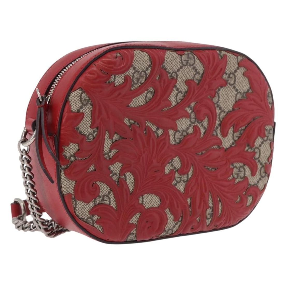 Gucci 409535 GG Supreme PVC Leather Shoulder Bag Red Silver: Gucci 409535 GG Supreme PVC Leather Shoulder Bag Red Silver This Gucci shoulder bag is crafted in PVC leather and GG canvas with a red and silver exterior. It features a shoulder strap with a 22.8 inc