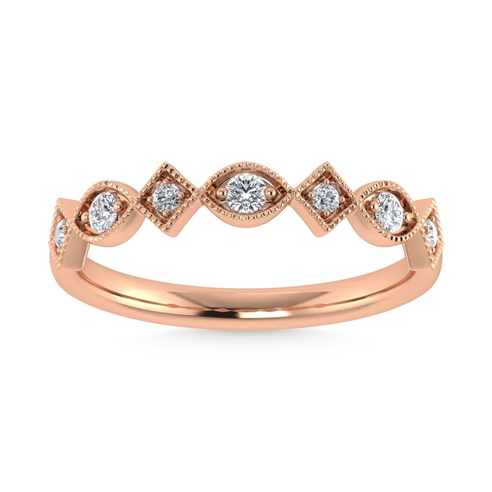 14K Rose Gold Diamond 1/8 Ct.Tw. Stackable Band: 14K Rose Gold Diamond 1/8 Ct.Tw. Stackable Band 14k Rose Gold Stone Color: G-h Stone Clarity: I2 Each ring is presented in standard size 6.5. Complimentary resizing is available between sizes 510 (in 