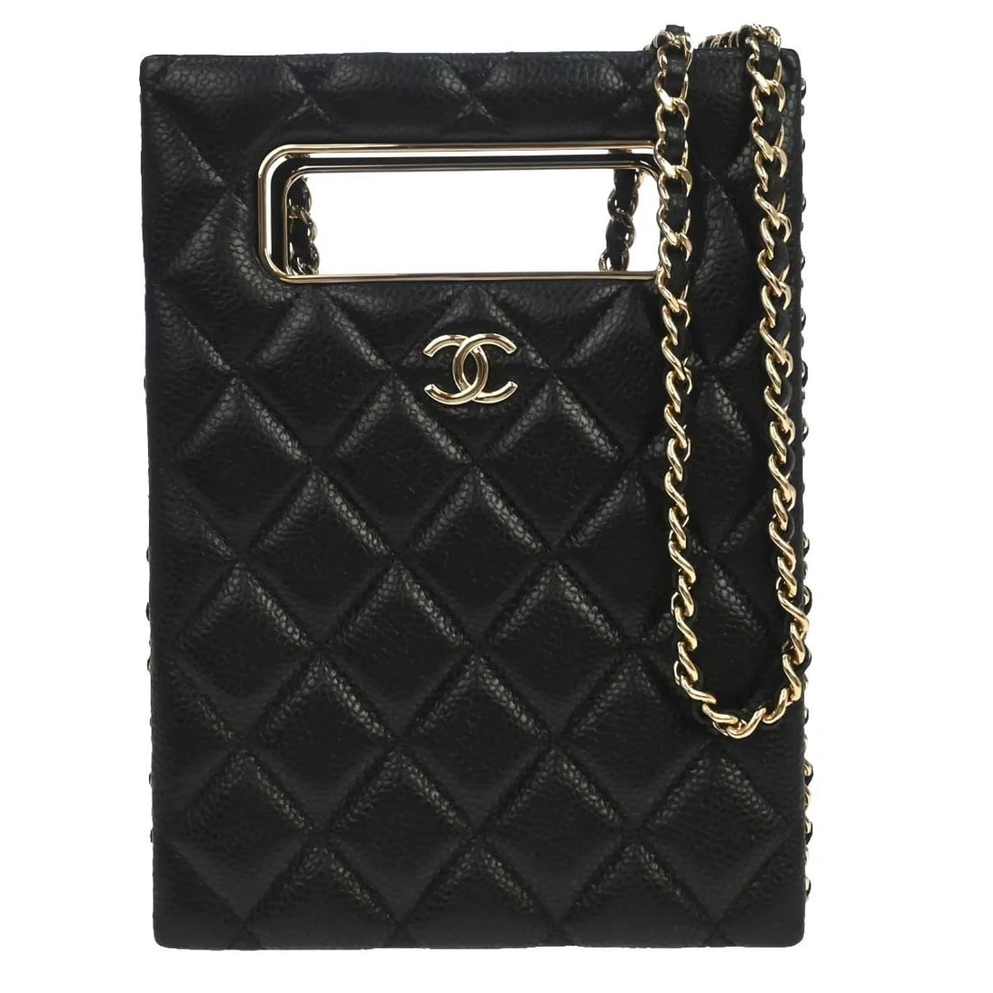 Chanel Chain Around Cut Out Handle Evening Tote Black Leather: Chanel Chain Around Cut Out Handle Evening Tote Black Leather A Chanel Chain Around Cut Out Handle Evening Tote in black leather with a quilted caviar finish. Designed for female use, this evening tot