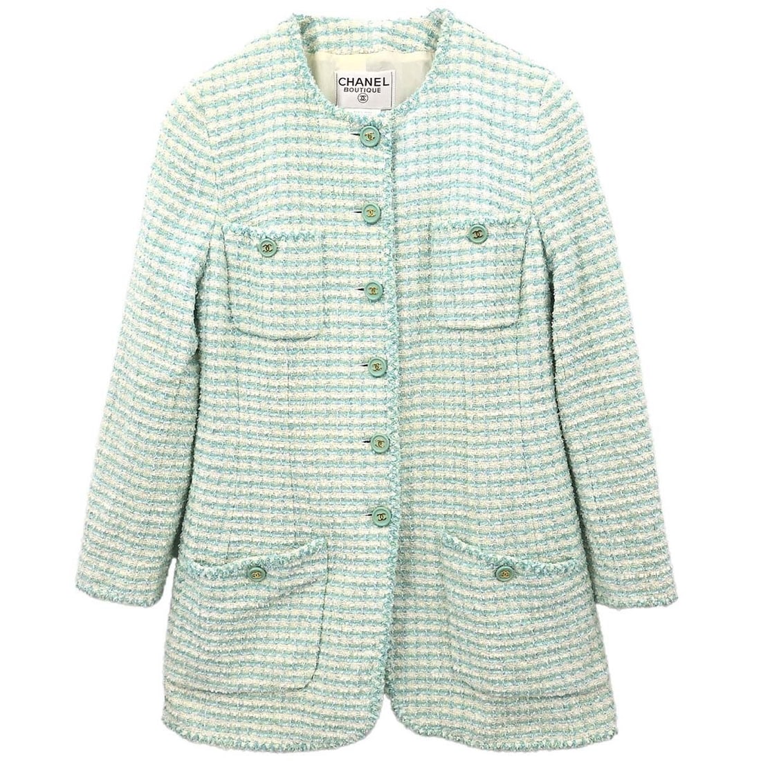 CHANEL 97P Blue Collarless Tweed Jacket Size 48 France: CHANEL 97P Blue Collarless Tweed Jacket Size 48 France Vintage Chanel collarless tweed jacket in blue and white with a single-breasted front and long sleeves. This women's jacket is made in France and