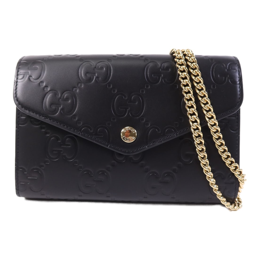 Gucci 781555 calfskin chain wallet shoulder bag black: Gucci 781555 calfskin chain wallet shoulder bag black A Gucci GG Chain Wallet Shoulder Bag in black calfskin leather with gold-tone hardware. It features a hook button closure and a practical interior
