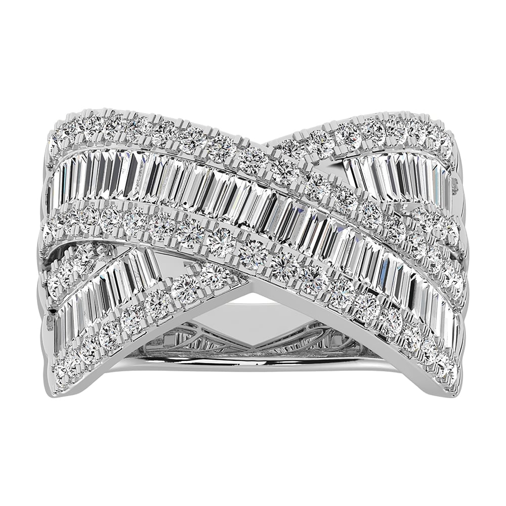 14K White Gold 1 1/2 Ct.Tw. Diamond Round and Baguette Crossover Ring: 14K White Gold 1 1/2 Ct.Tw. Diamond Round and Baguette Crossover Ring 14k White Gold Stone Color: G-h Stone Clarity: I1 Each ring is presented in standard size 6.5. Complimentary resizing is available