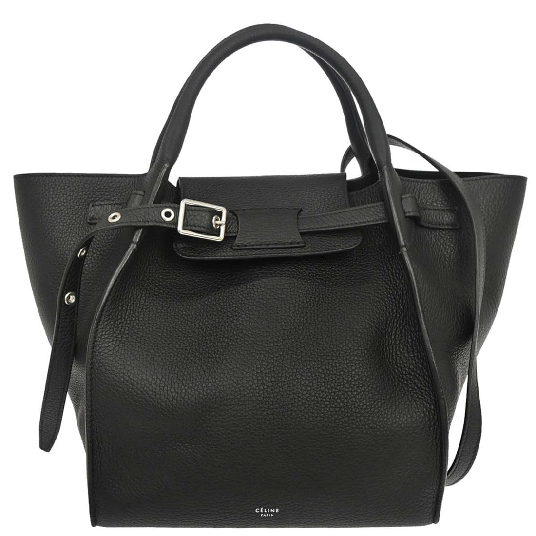 CELINE Small Big Bag Black Leather 2way Handbag: CELINE Small Big Bag Black Leather 2way Handbag This Celine Small Big Bag is a black leather 2-way handbag made in Italy. It features double handles, a logo accent, and a medium size suitable for casu