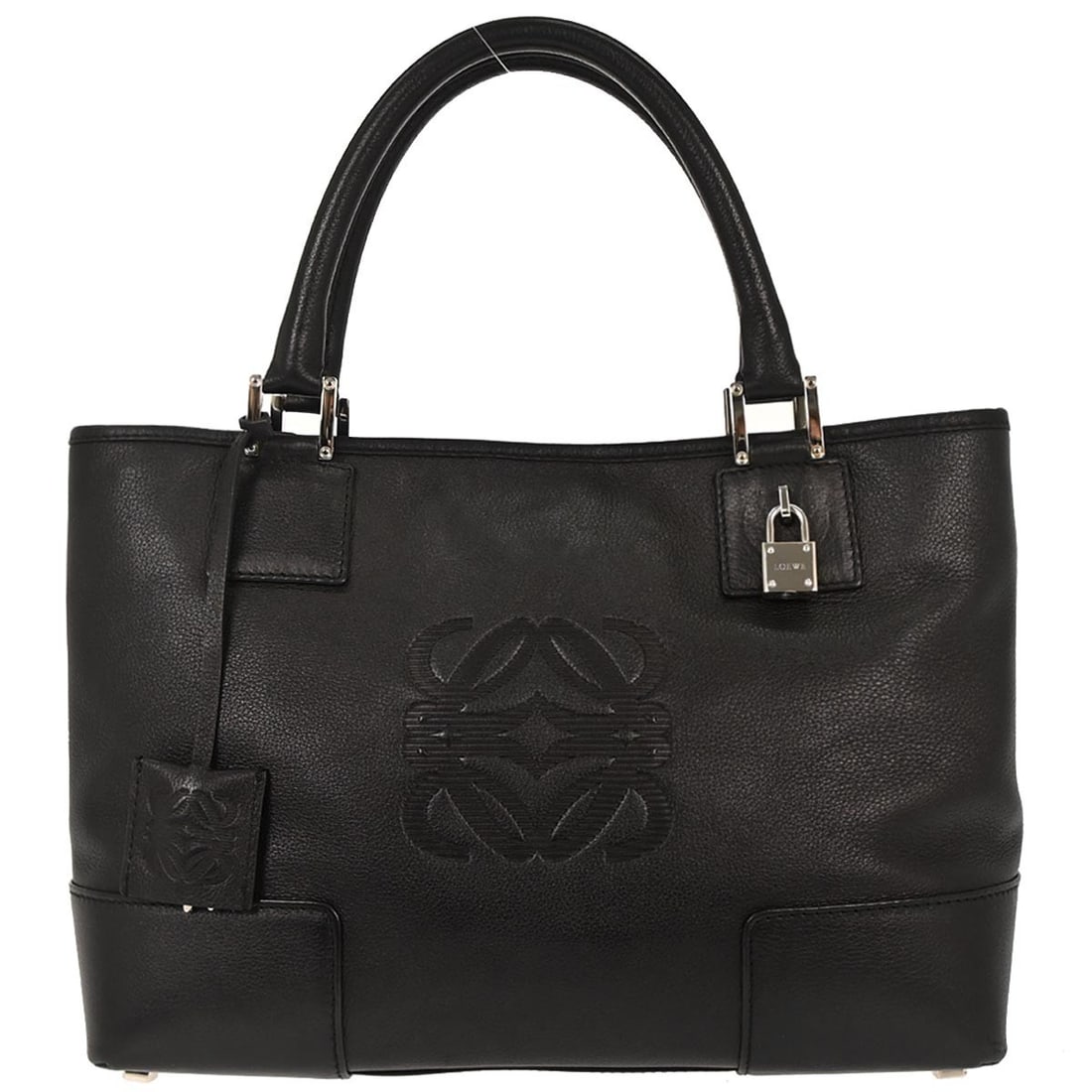 Loewe Fusta Medium Black Leather Tote Bag with Padlock: Loewe Fusta Medium Black Leather Tote Bag with Padlock Loewe Fusta tote handbag in black leather with double handles and a magnetic closure. The bag features a black lining, inner pockets, and include