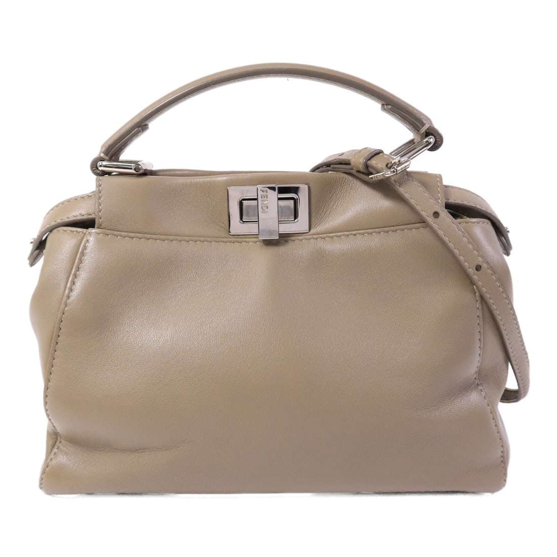 FENDI Peekaboo Mini Calfskin 2 Way Bag Brown 8BN244-K4P-169-10429: FENDI Peekaboo Mini Calfskin 2 Way Bag Brown 8BN244-K4P-169-10429 Fendi SHW Peekaboo Mini 2 Way Shoulder Bag in brown calfskin. This bag features a turn lock closure, one inside zip pocket, one card p