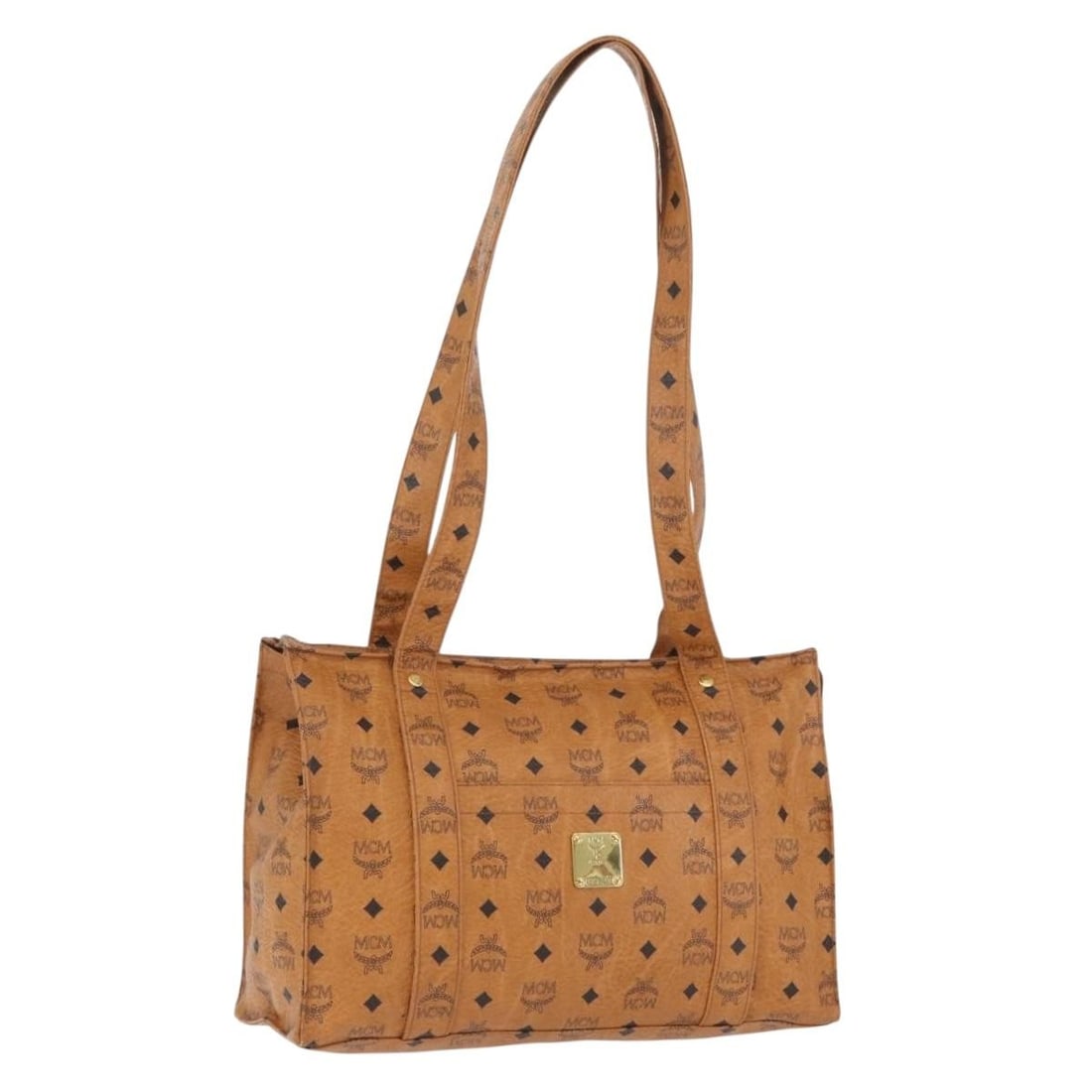 MCM Vicetos Logogram Brown PVC Leather Tote Bag Gold Tone Germany: MCM Vicetos Logogram Brown PVC Leather Tote Bag Gold Tone Germany This MCM Vicetos Logogram tote bag features a brown and gold PVC leather exterior and is designed for women. The bag is made in German