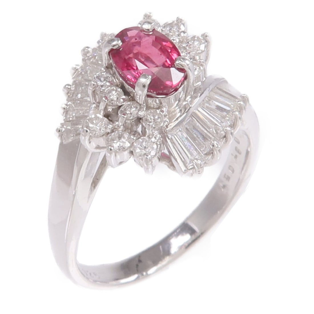 Pt900 Platinum Ruby Diamond Ring Size 6.25 Women: Pt900 Platinum Ruby Diamond Ring Size 6.25 Women Ruby and diamond ring in Pt900 platinum, designed for women. The ring features a red and clear color combination, with ruby and diamond details. It is 