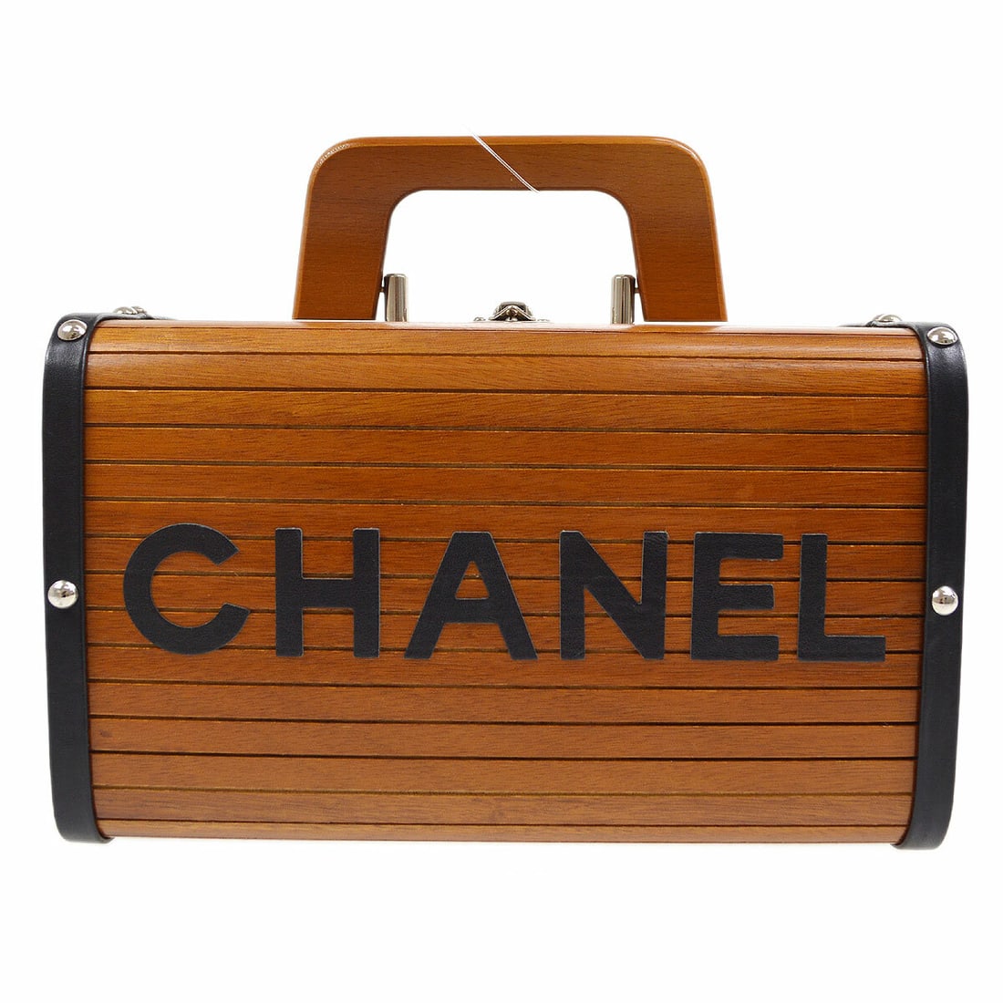 CHANEL Vanity Box Handbag Brown Black Wooden Leather Top Handle: CHANEL Vanity Box Handbag Brown Black Wooden Leather Top Handle Chanel vanity handbag in brown and black with a structured wood and leather exterior, top handle, leather lining, logo accents, and inne