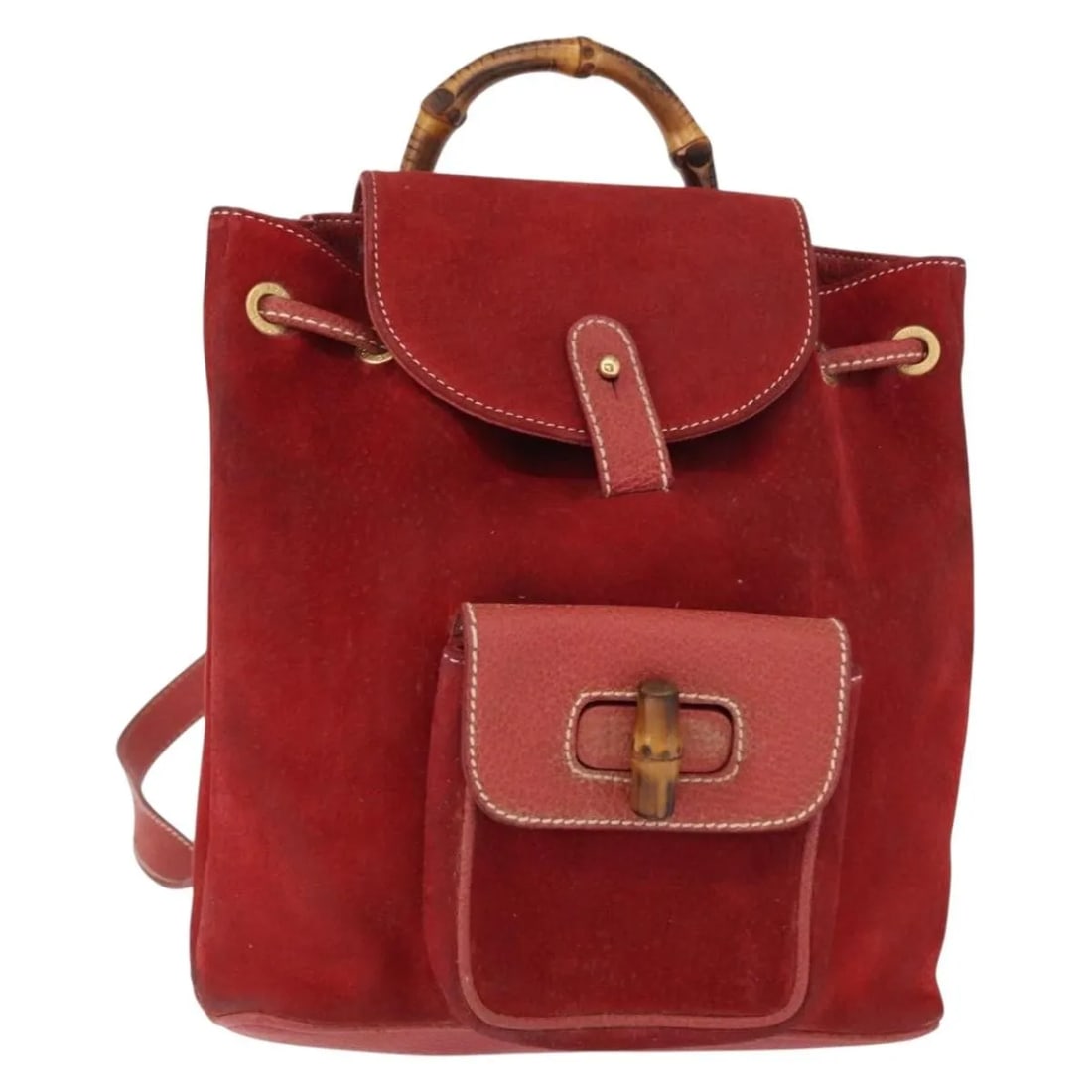 Gucci Vintage Bamboo red leather backpack 21cm x 21cm x 7cm: Gucci Vintage Bamboo red leather backpack 21cm x 21cm x 7cm This vintage Gucci Bamboo Backpack for women is crafted from red leather and features the iconic bamboo handle. The pre-owned bag shows sign