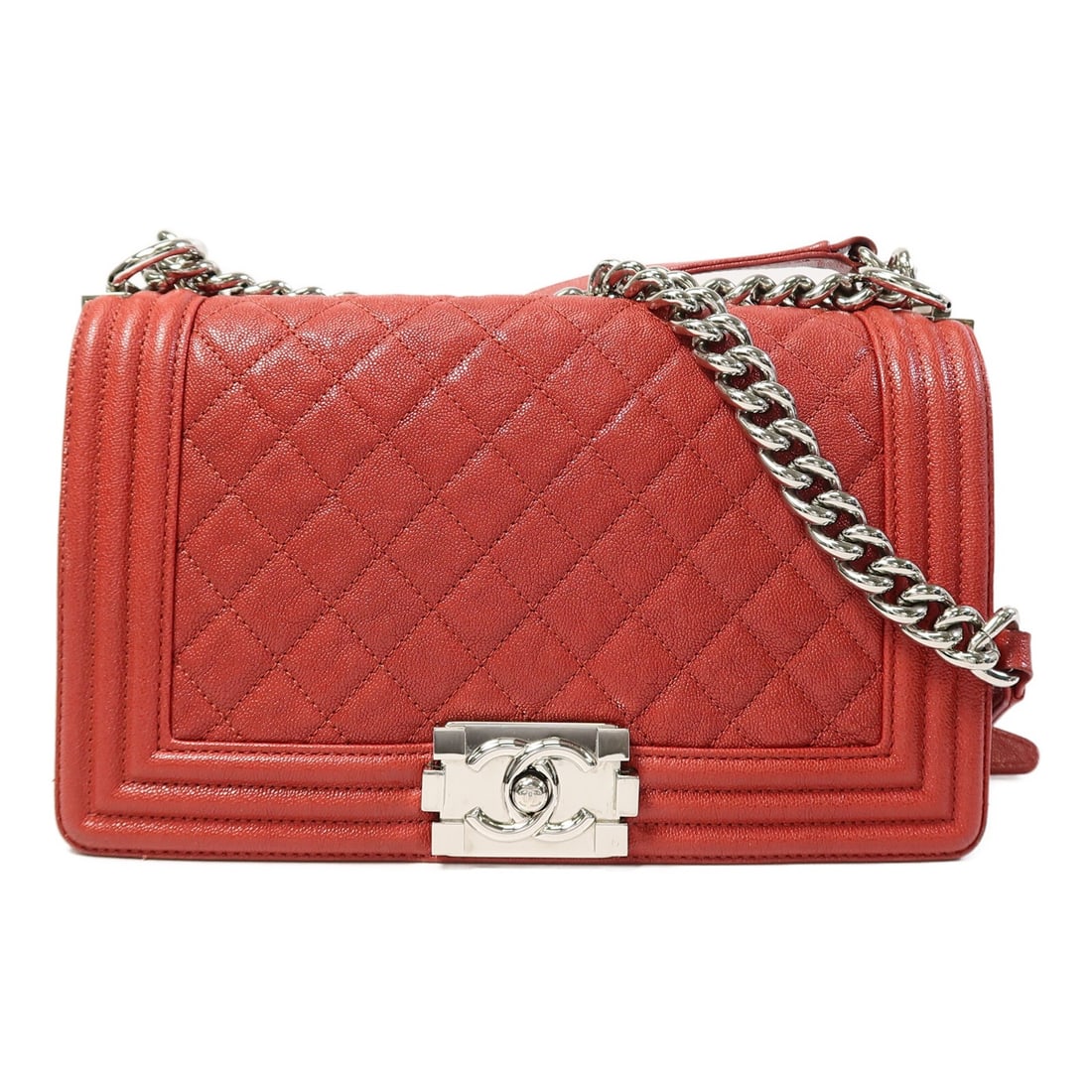 CHANEL Boy 25 A67086 Red Calfskin 2 Way Chain Shoulder Bag: CHANEL Boy 25 A67086 Red Calfskin 2 Way Chain Shoulder Bag CHANEL Boy 25 Chain 2 Way Shoulder Bag in red calfskin (cowhide) leather. This shoulder bag features a two-way chain design and is identified