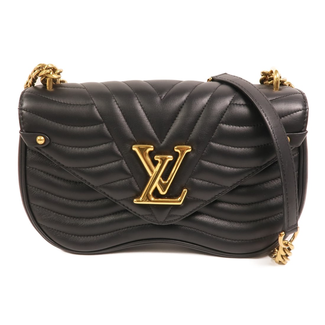 Louis Vuitton New Wave MM Black Calfskin 2 Way Chain Bag M51498: Louis Vuitton New Wave MM Black Calfskin 2 Way Chain Bag M51498 A Louis Vuitton New Wave MM 2-way chain shoulder bag in black calfskin with gold-tone hardware. It features a flap closure, one open int