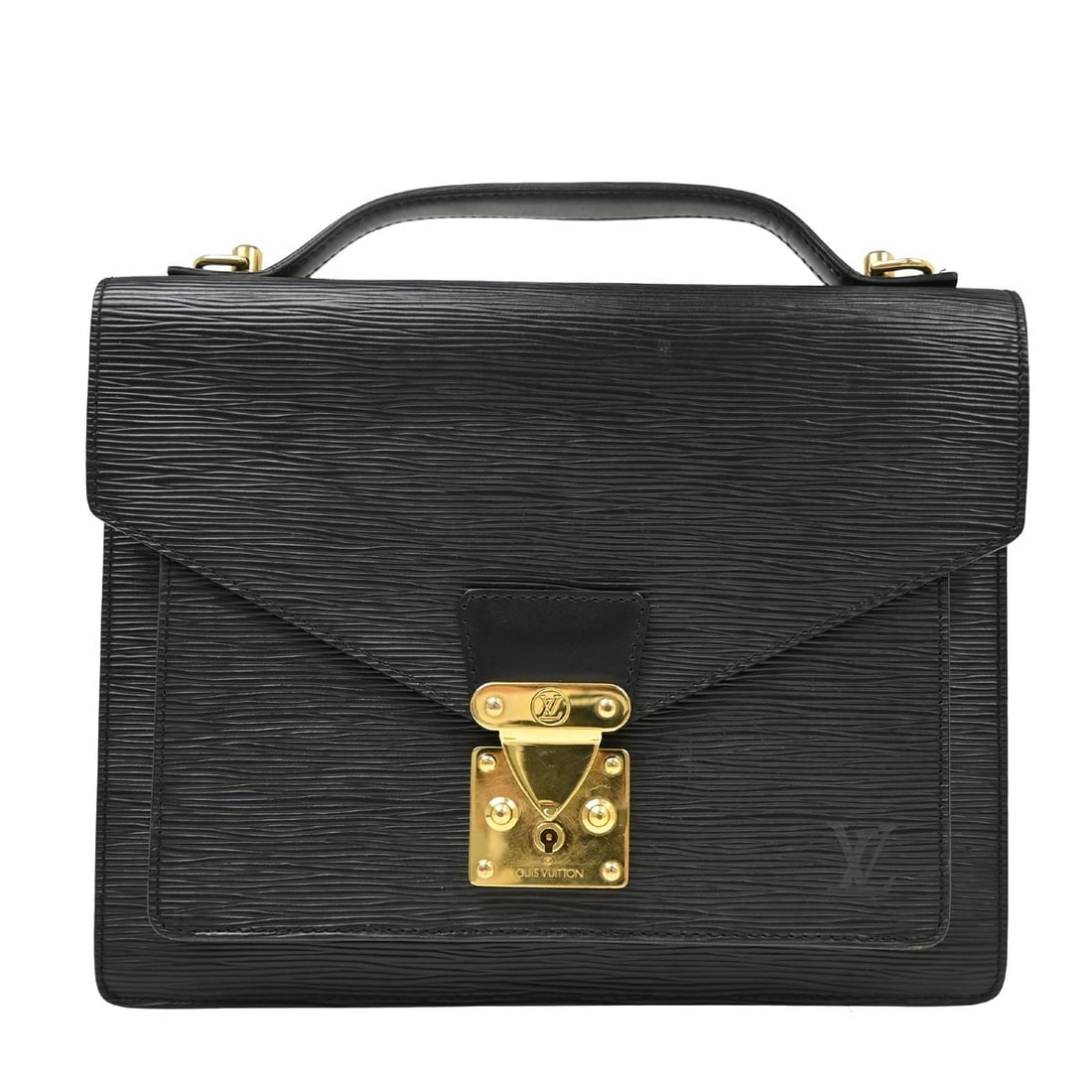 Louis Vuitton Monceau 28 Epi Leather Satchel Black M52122: Louis Vuitton Monceau 28 Epi Leather Satchel Black M52122 Louis Vuitton Monceau 28 handbag satchel in black Epi leather with a flap lock closure and double handles. This medium-sized vintage bag featu