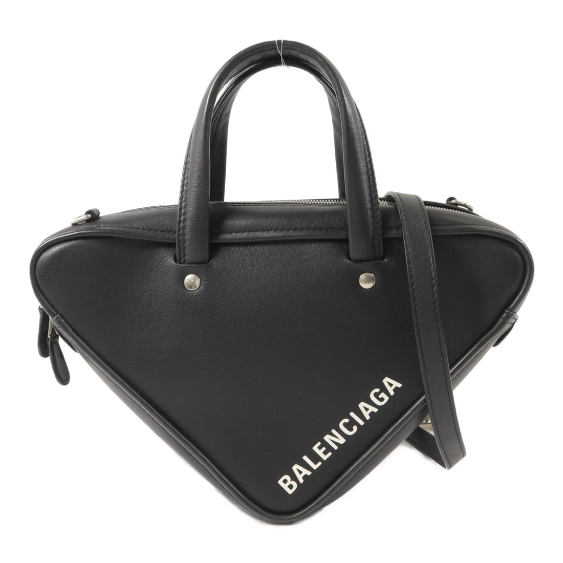 Balenciaga Triangle Duffle XS 531048 Calfskin 2 Way Shoulder Bag Black: Balenciaga Triangle Duffle XS 531048 Calfskin 2 Way Shoulder Bag Black Balenciaga SHW Triangle Duffle XS 2 Way Shoulder Bag in black calfskin with silver-tone hardware. This model features a top handl
