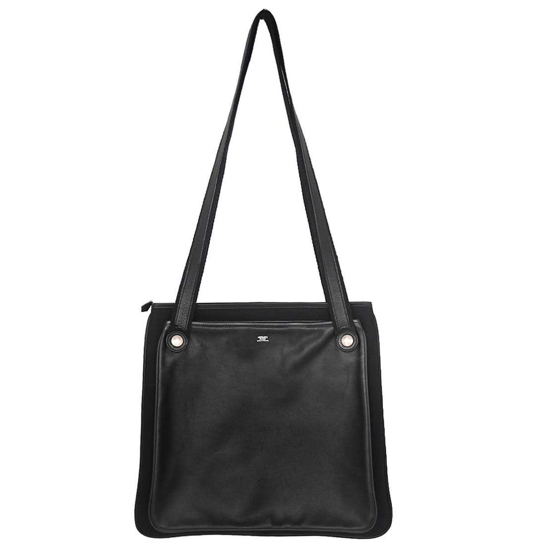 Hermes Mrs. Hippie Black Swift Toile Officier Shoulder Bag: Hermes Mrs. Hippie Black Swift Toile Officier Shoulder Bag Vintage Hermes Mrs. Hippie shoulder bag in black Swift and Toile Officier. This medium shoulder bag features a zip closure, black strap, leat