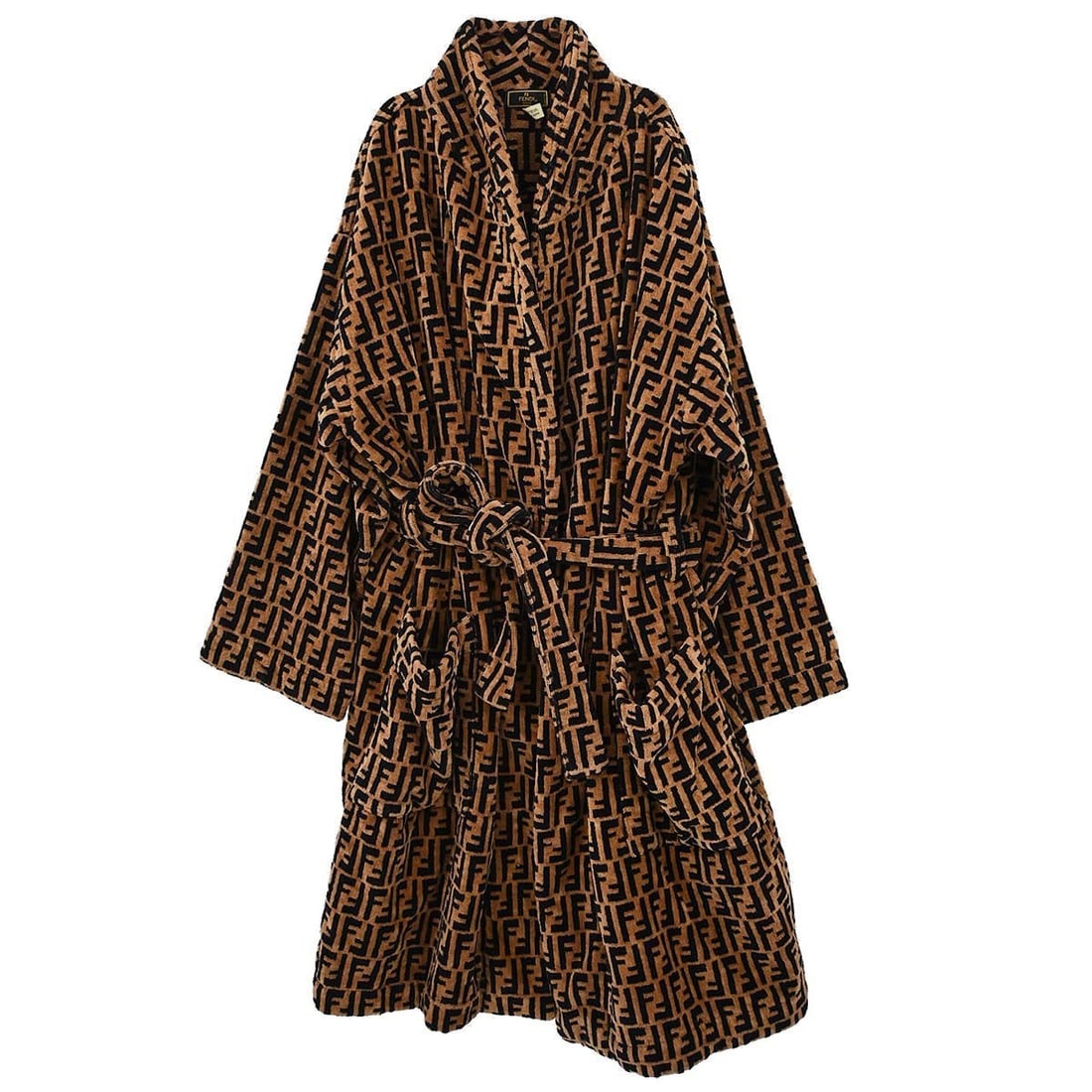 Fendi Zucca Women Bathrobe 100% Cotton Brown Italy: Fendi Zucca Women Bathrobe 100% Cotton Brown Italy Vintage Fendi bathrobe in brown and black Zucca logo cotton with long sleeves, a matching belt, and two exterior pockets. The robe shows fraying and 