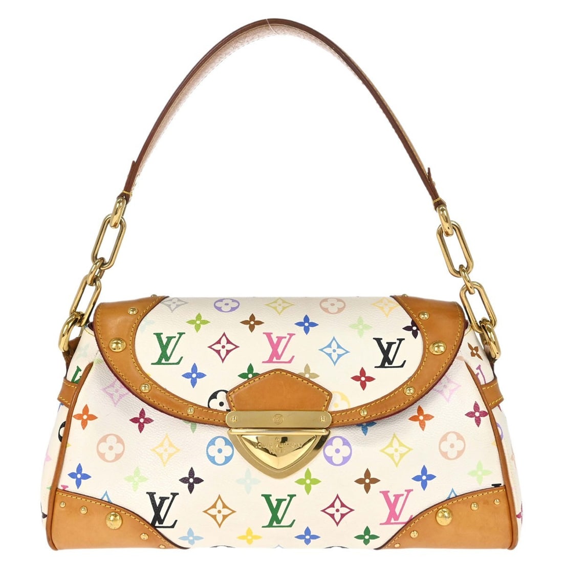 Louis Vuitton Beverly MM White Monogram Multicolor Top Handle Bag: Louis Vuitton Beverly MM White Monogram Multicolor Top Handle Bag Louis Vuitton Beverly MM handbag in white Monogram Multicolor canvas with leather trim. This medium top-handle bag features a clasp cl