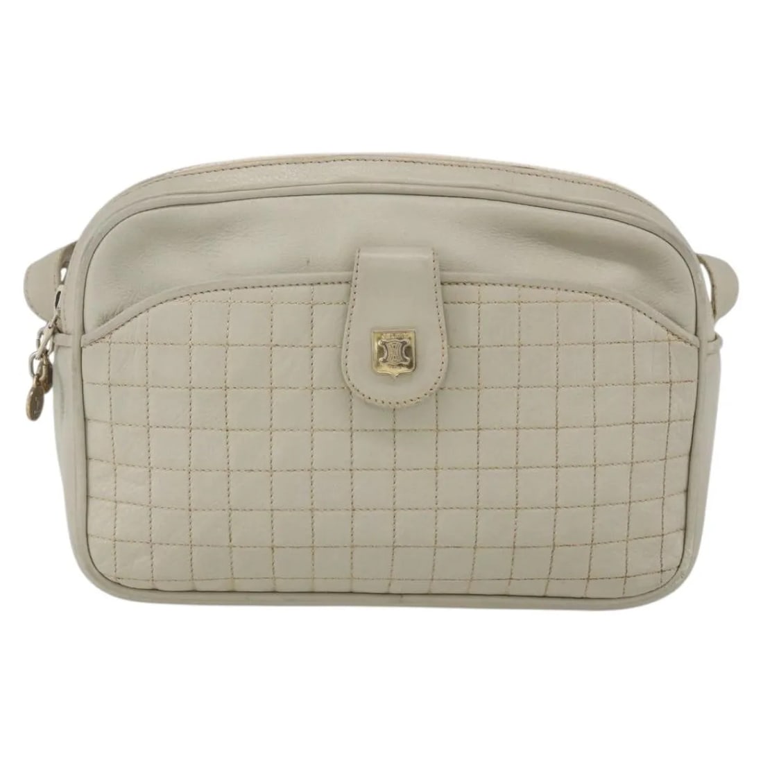Celine Vintage White Leather Shoulder Bag Made in Italy: Celine Vintage White Leather Shoulder Bag Made in Italy This vintage Celine shoulder bag for women features white leather construction with visible signs of wear including surface deformation, rubbing