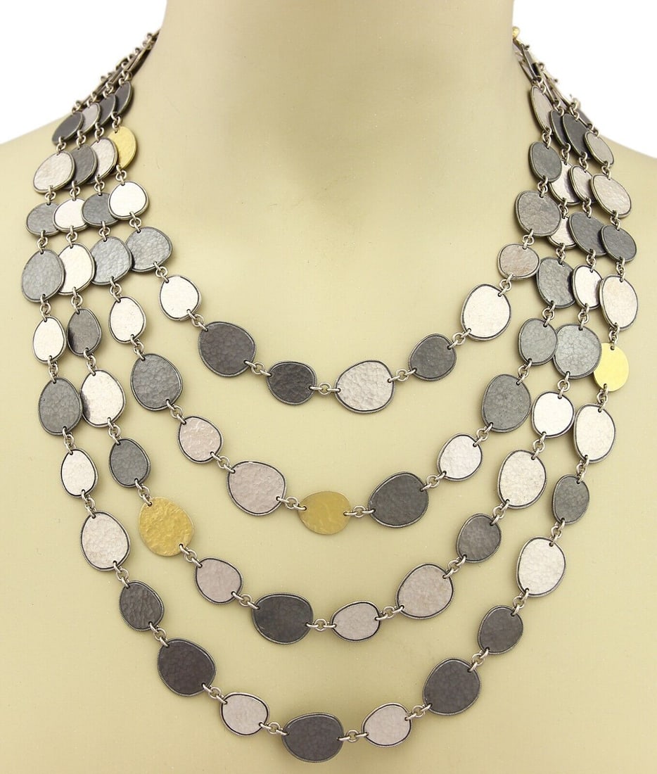 Gurhan Contour multi strand disc necklace sterling silver 24k gold: Gurhan Contour multi strand disc necklace sterling silver 24k gold Sterling silver and 24k gold inlay multi-strand disc necklace from the Contour collection. The design features an elegant layered sil