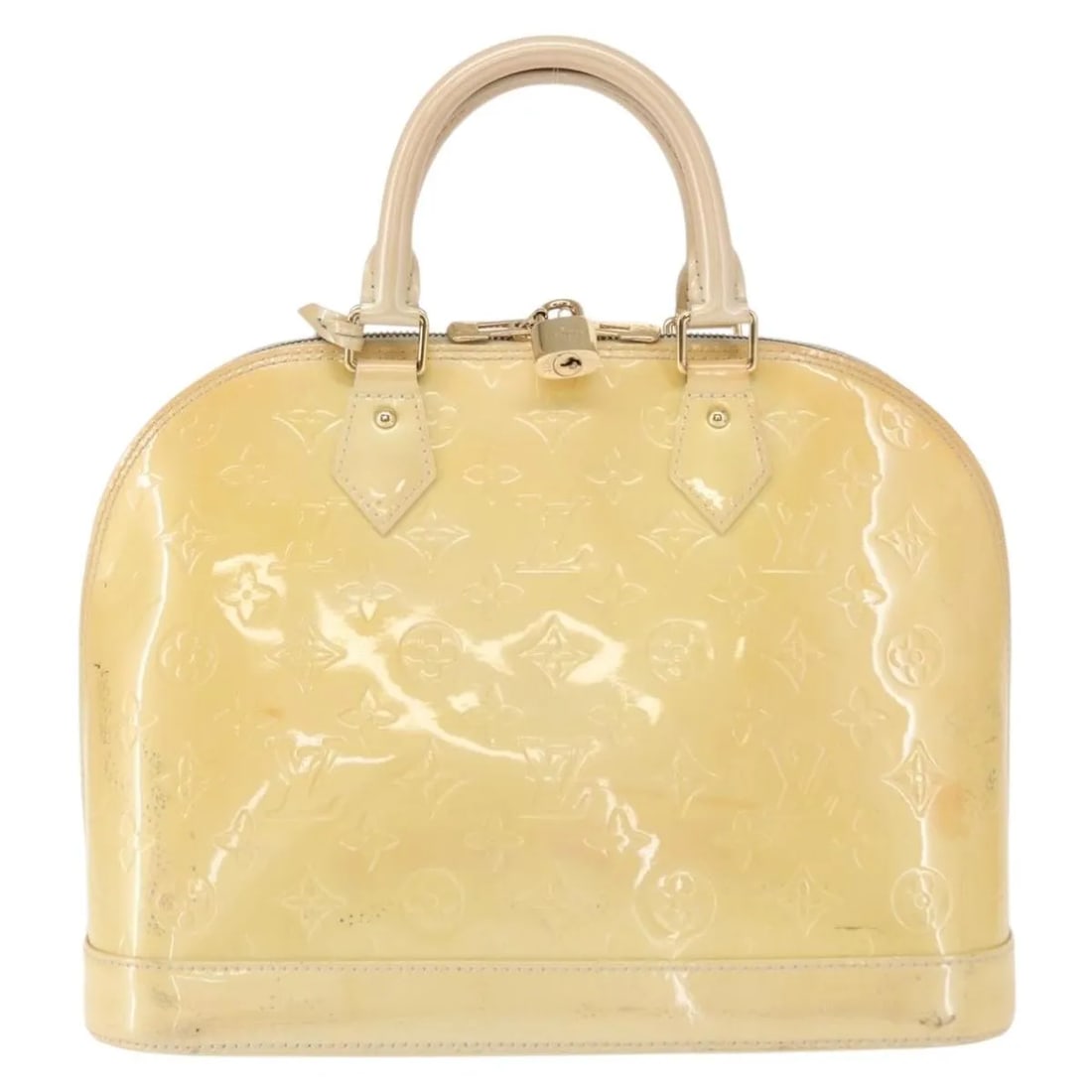 Beige Patent Leather Handbag Louis Vuitton Alma Vernis: Beige Patent Leather Handbag Louis Vuitton Alma Vernis This Louis Vuitton Alma handbag for women features the classic monogram Vernis patent leather in beige. It measures 32cm x 26cm x 16cm and is mad