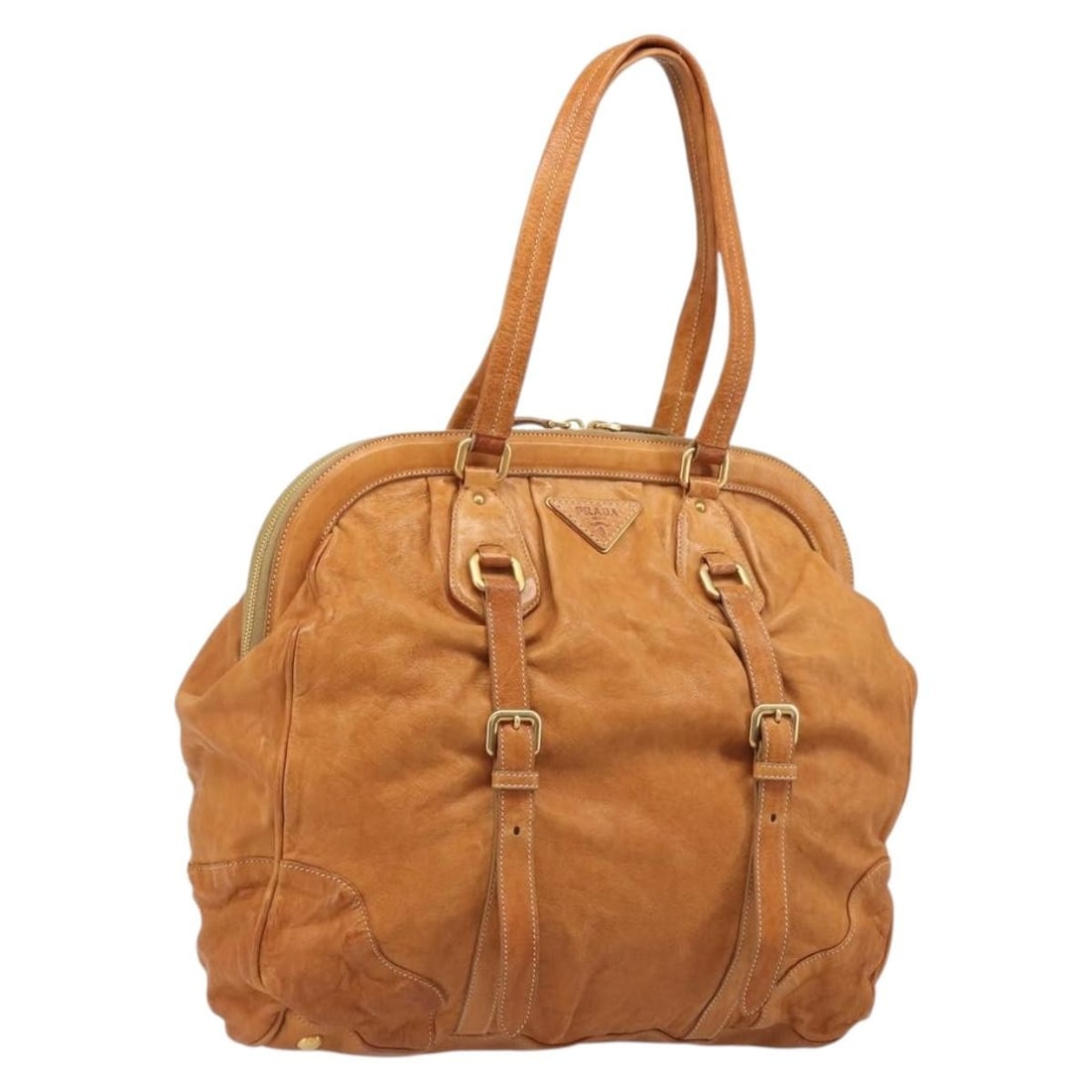 PRADA 2way Leather Shoulder Bag Brown Gold Tone with Dust Bag: PRADA 2way Leather Shoulder Bag Brown Gold Tone with Dust Bag Brown and gold leather shoulder bag in a 2-way style, made in Italy. It comes with a dust bag and has a serial number of 117. The bag show