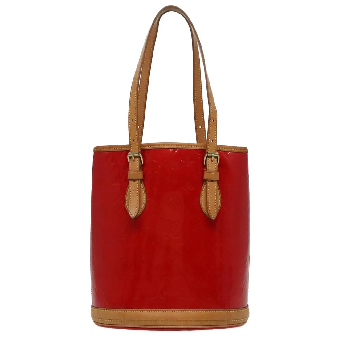 Louis Vuitton Red Patent Leather Bucket Bag Monogram Vernis: Louis Vuitton Red Patent Leather Bucket Bag Monogram Vernis This Louis Vuitton Bucket Bag showcases the brand's iconic Monogram Vernis design in red patent leather. Crafted for women, it features a sp