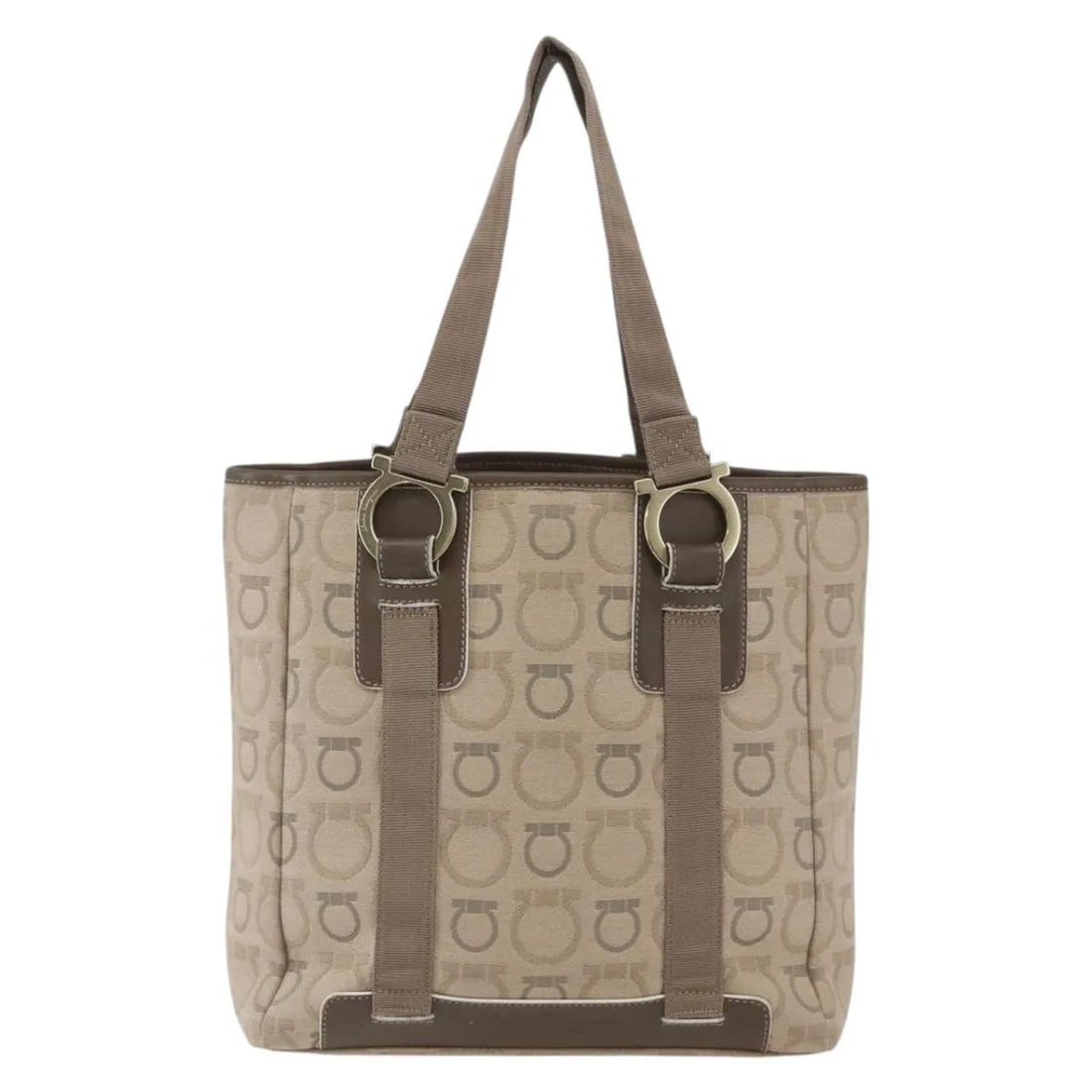 Gancini Canvas Tote Bag by Salvatore Ferragamo Beige Italian Design: Gancini Canvas Tote Bag by Salvatore Ferragamo Beige Italian Design This Salvatore Ferragamo Gancini Tote is crafted from beige canvas and designed for women. The tote features the iconic Gancini moti