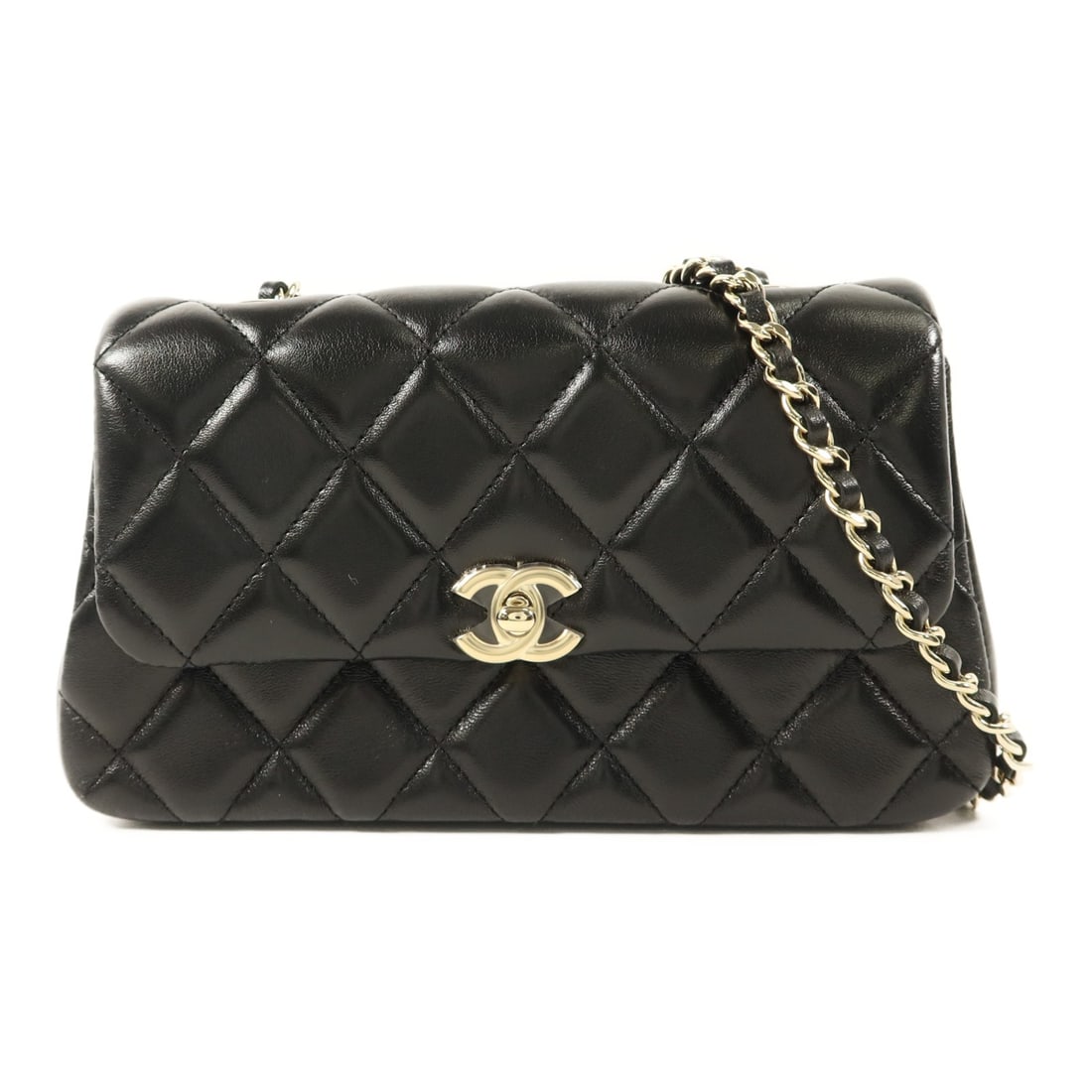 CHANEL AP4592 Mini Flap Shoulder Bag Black Lambskin CC GHW: CHANEL AP4592 Mini Flap Shoulder Bag Black Lambskin CC GHW A CHANEL CC GHW Mini Flap Shoulder Bag in black lambskin (sheep leather) with a black frame color. This women's regular-size shoulder bag is 