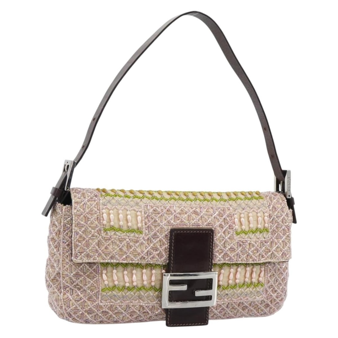 FENDI beaded canvas shoulder bag beige silver with dust bag: FENDI beaded canvas shoulder bag beige silver with dust bag FENDI Mamma Baguette shoulder bag in beige and silver canvas, made in Italy. It comes with a dust bag and features a shoulder strap with an 