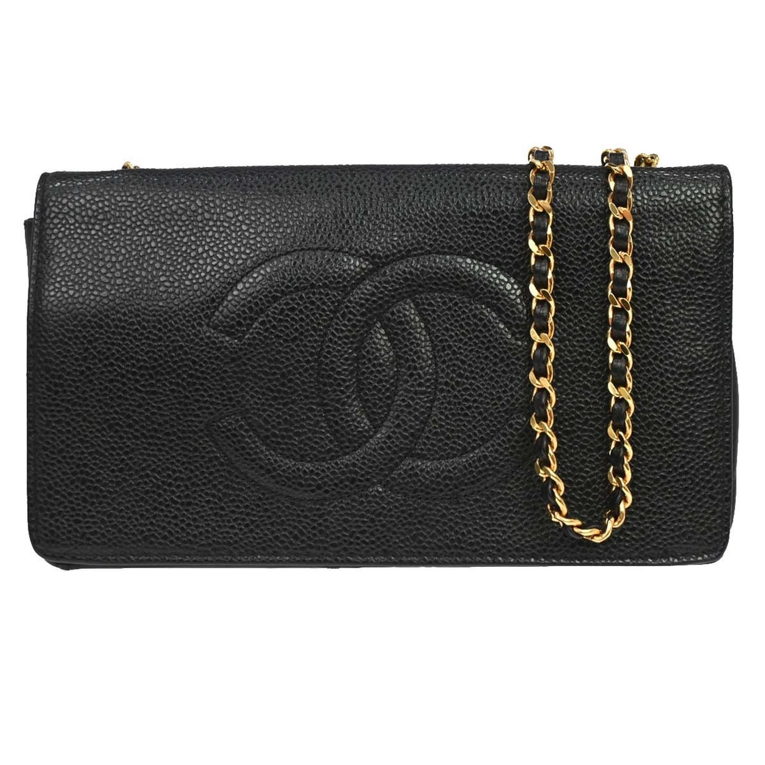 CHANEL WOC Chain Wallet Black Caviar Leather Folding Style: CHANEL WOC Chain Wallet Black Caviar Leather Folding Style Chanel Wallet on Chain (WOC) in black caviar skin leather, designed for women and made in Italy. This folding wallet features one exterior zi
