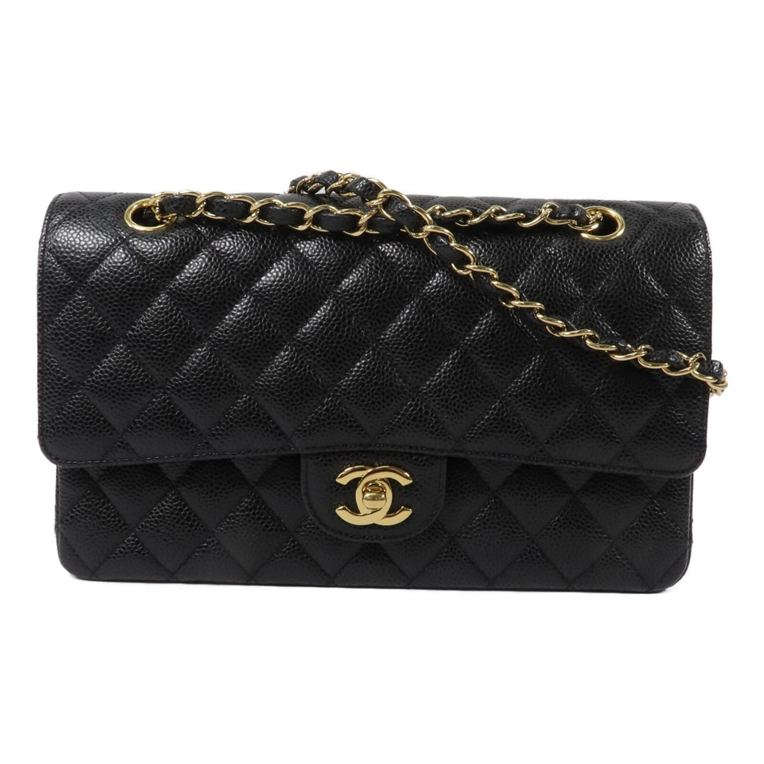 CHANEL A01112 Classic 25 Shoulder Bag Black Calfskin CC GHW: CHANEL A01112 Classic 25 Shoulder Bag Black Calfskin CC GHW Classic 25 chain shoulder bag in black calfskin leather with gold-tone hardware. It features a turn lock closure, multiple open pockets, and