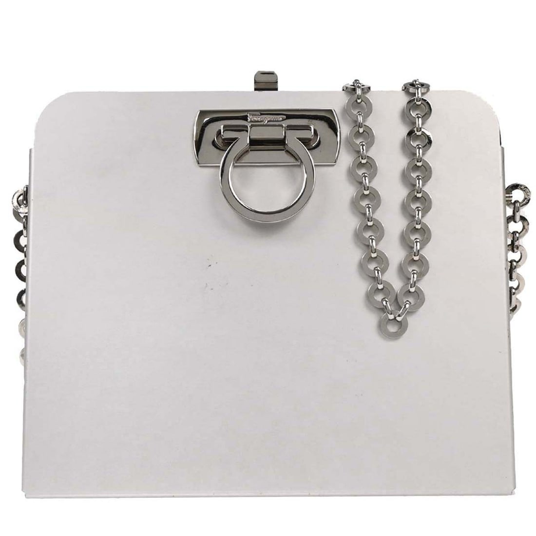 Salvatore Ferragamo Gancini Aluminum Crossbody Bag Silver AU-21*6717: Salvatore Ferragamo Gancini Aluminum Crossbody Bag Silver AU-21*6717 Salvatore Ferragamo Gancini shoulder bag in silver aluminum with logo accents. Made in Italy, this women's medium bag features an i