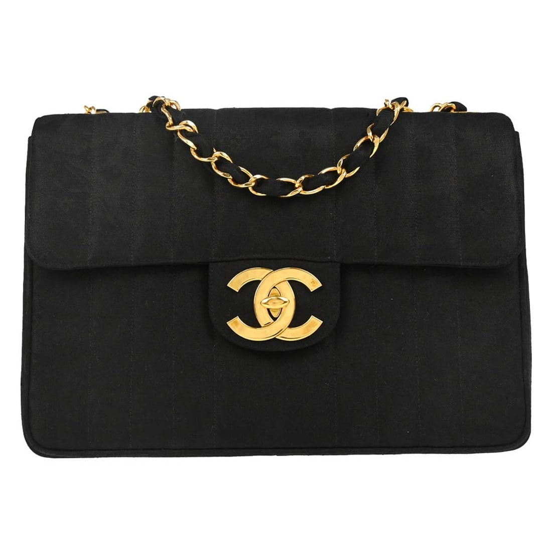 Chanel Classic Flap Jumbo Mademoiselle Black Cotton Shoulder Bag: Chanel Classic Flap Jumbo Mademoiselle Black Cotton Shoulder Bag Large Chanel Classic Single Flap Jumbo Mademoiselle shoulder bag in black cotton with a turn-lock closure and double chain strap. Made 
