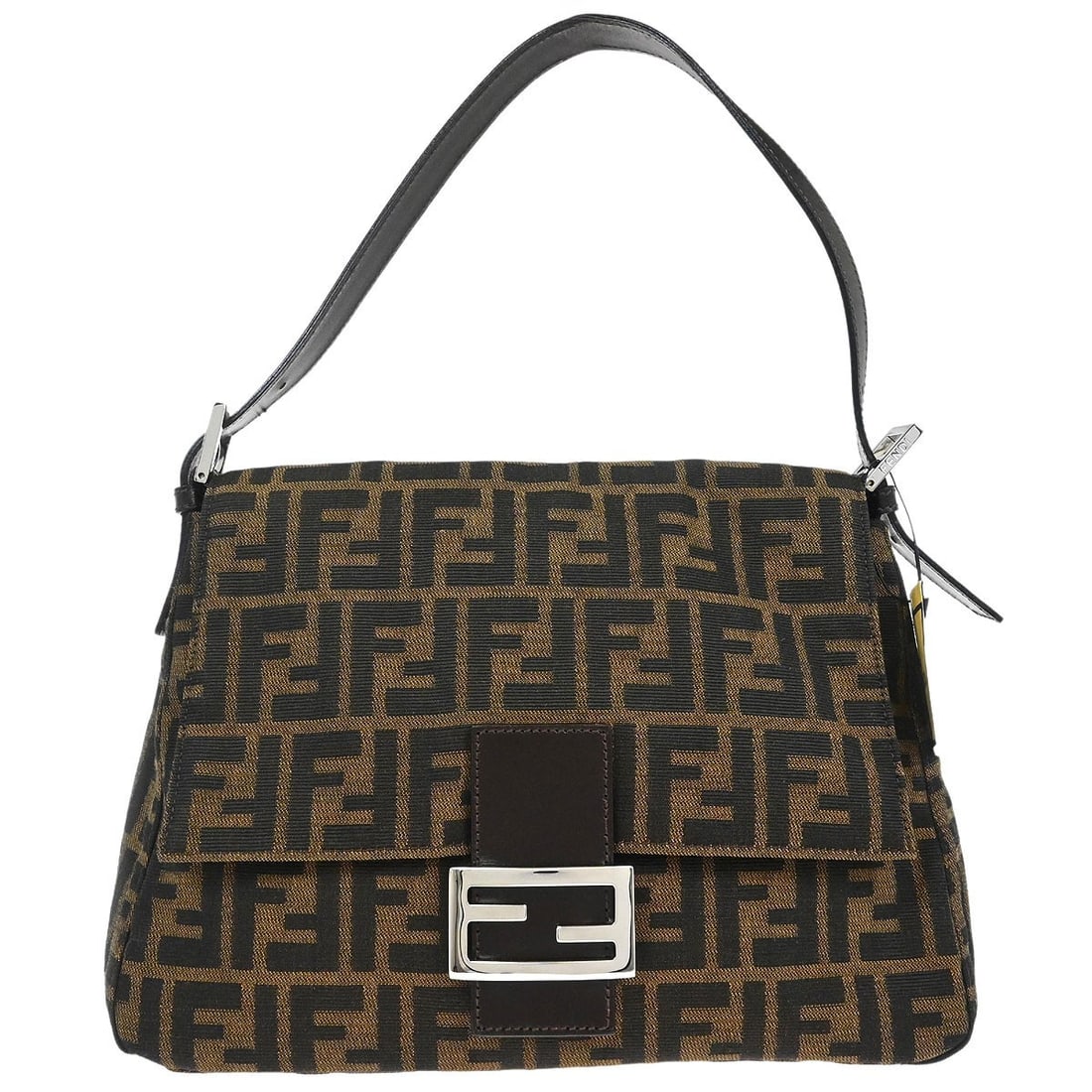 Fendi Mamma Baguette Shoulder Bag Brown Zucca Canvas 2288-26325-008: Fendi Mamma Baguette Shoulder Bag Brown Zucca Canvas 2288-26325-008 Fendi Mamma Baguette handbag in brown Zucca canvas with leather trim and silver-tone hardware. This medium shoulder bag features a m