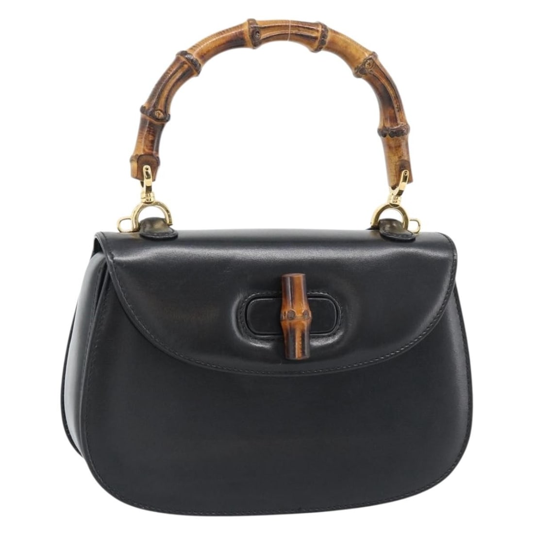 Gucci Bamboo 2way Leather Handbag Black Gold Tone Italy: Gucci Bamboo 2way Leather Handbag Black Gold Tone Italy Gucci Bamboo Hand Bag in black and gold leather, made in Italy. This 2-way style handbag comes with a dust bag and features a compact size with 
