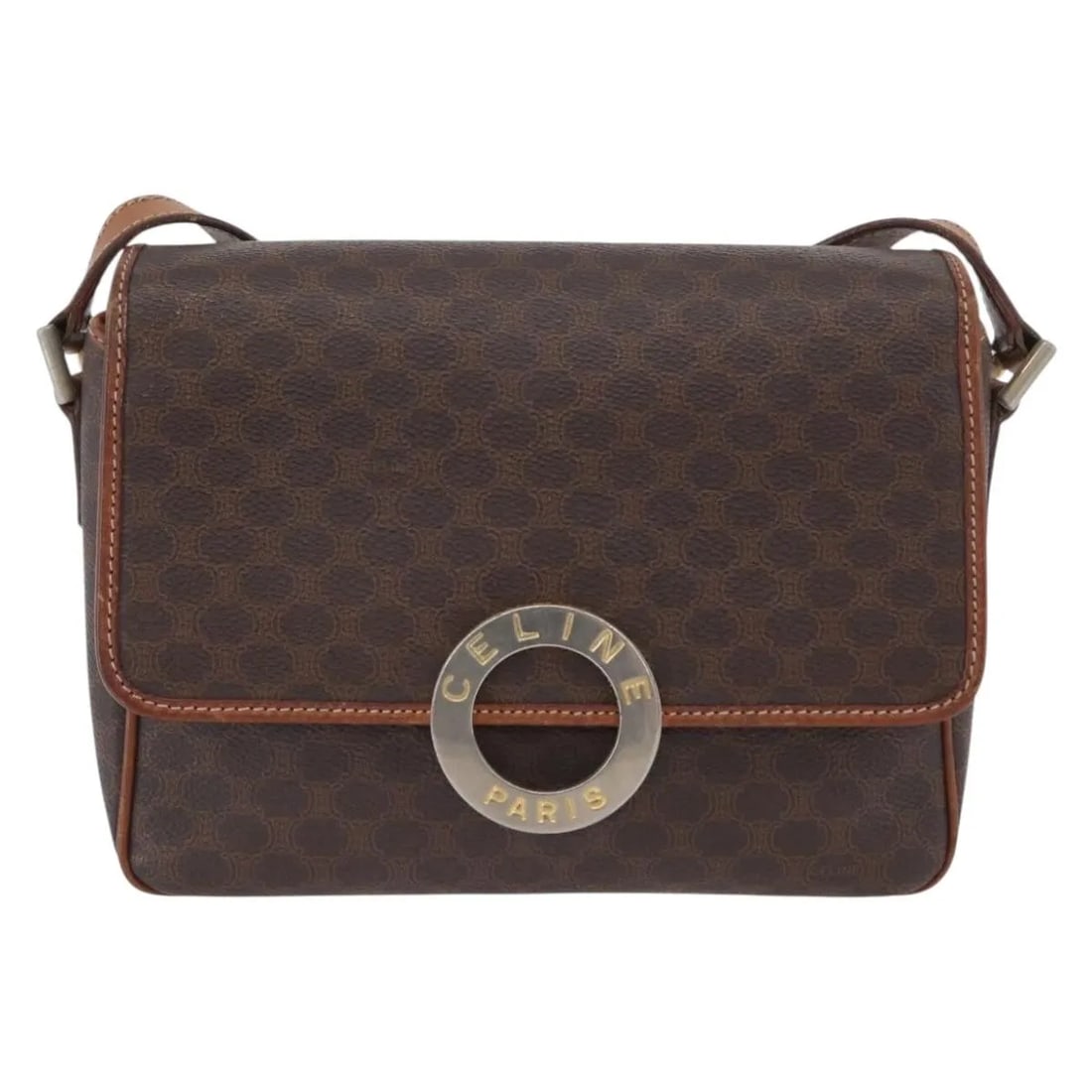 Celine Vintage Macadam Circle Logo Shoulder Bag Canvas Leather Brown: Celine Vintage Macadam Circle Logo Shoulder Bag Canvas Leather Brown This Celine Vintage Macadam Circle Logo Shoulder Bag features a classic brown canvas exterior with leather accents. Designed for un