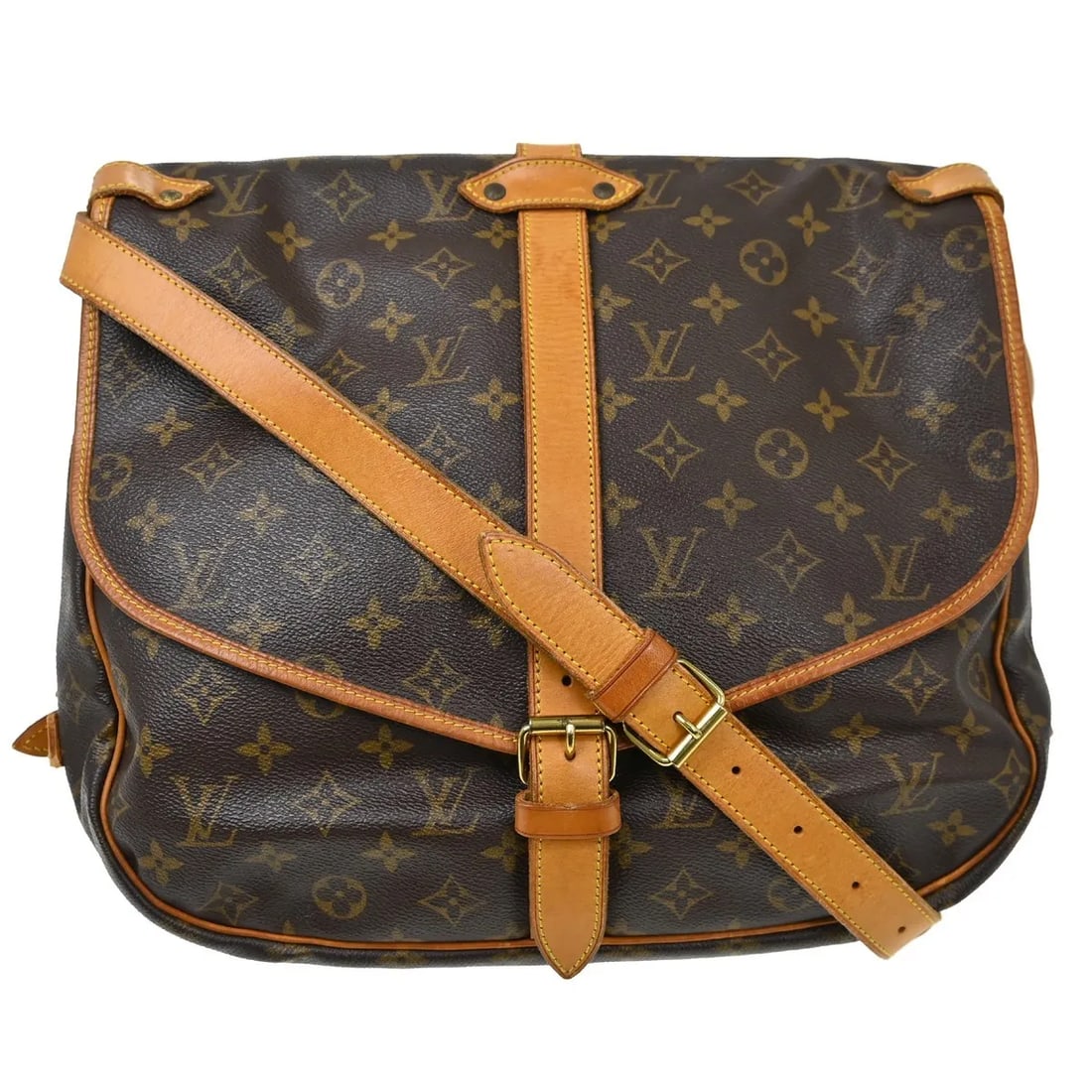 Louis Vuitton Saumur Brown Canvas Shoulder Bag: Louis Vuitton Saumur Brown Canvas Shoulder Bag Louis Vuitton Saumur bag in brown monogram canvas. This unisex piece is made in France and remains in good condition with visible wear. The exterior show