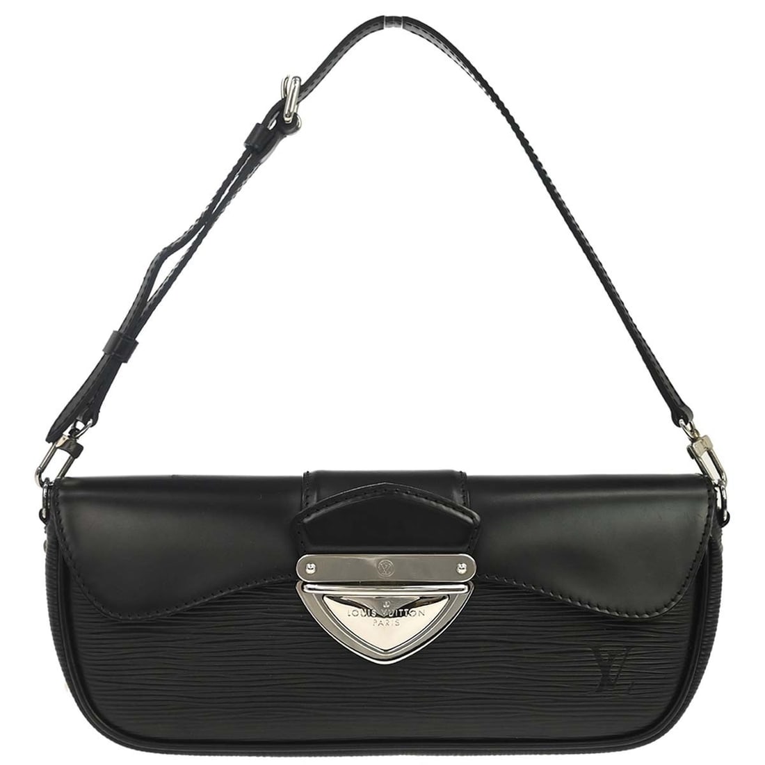 Louis Vuitton Pochette Montaigne Epi Leather Black Top Handle Bag M59292: Louis Vuitton Pochette Montaigne Epi Leather Black Top Handle Bag M59292 Louis Vuitton Pochette Montaigne handbag in black Epi leather with leather handle and strap, featuring a microfiber lining, inn