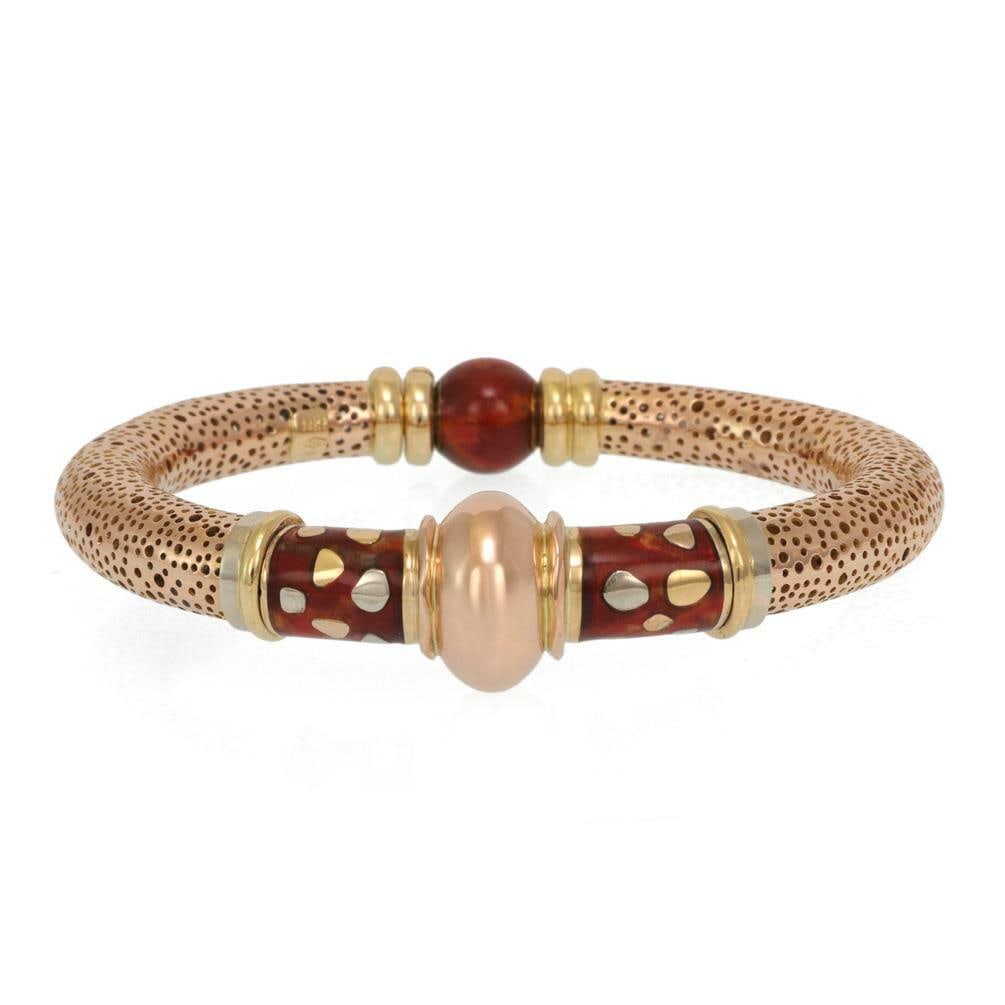 La Nouvelle Bague 18k Tri Color Gold Enamel Tube Bangle Bracelet: La Nouvelle Bague 18k Tri Color Gold Enamel Tube Bangle Bracelet Authentic La Nouvelle Bague tube bangle bracelet crafted in 18k tri-color gold with red enamel accents. The tapered design features tin