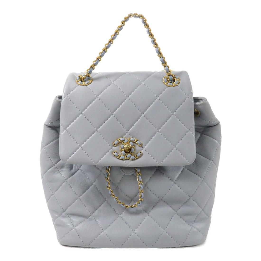 CHANEL Chanel 19 Blue Lambskin Backpack AS4762 CC GHW: CHANEL Chanel 19 Blue Lambskin Backpack AS4762 CC GHW A CHANEL 19 backpack in blue lambskin leather with gold-tone hardware. It features a turn lock closure, one inside zip pocket, and comes with a ho