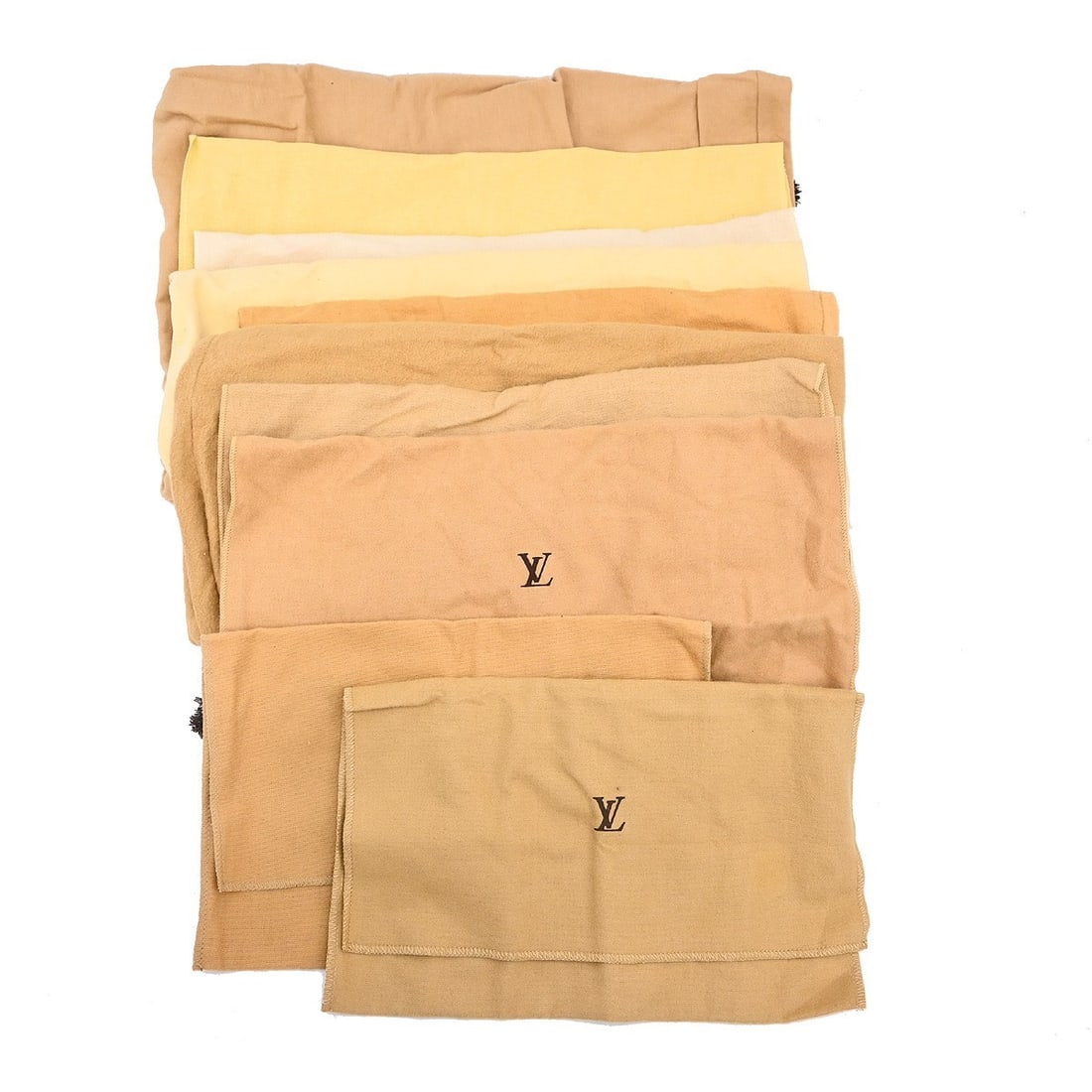 Set of 10 Louis Vuitton cotton dust bags in brown and beige: Set of 10 Louis Vuitton cotton dust bags in brown and beige Set of 10 Louis Vuitton dust bags in brown and beige 100% cotton. These unisex dustbags show overall signs of use with reasonable wear and t