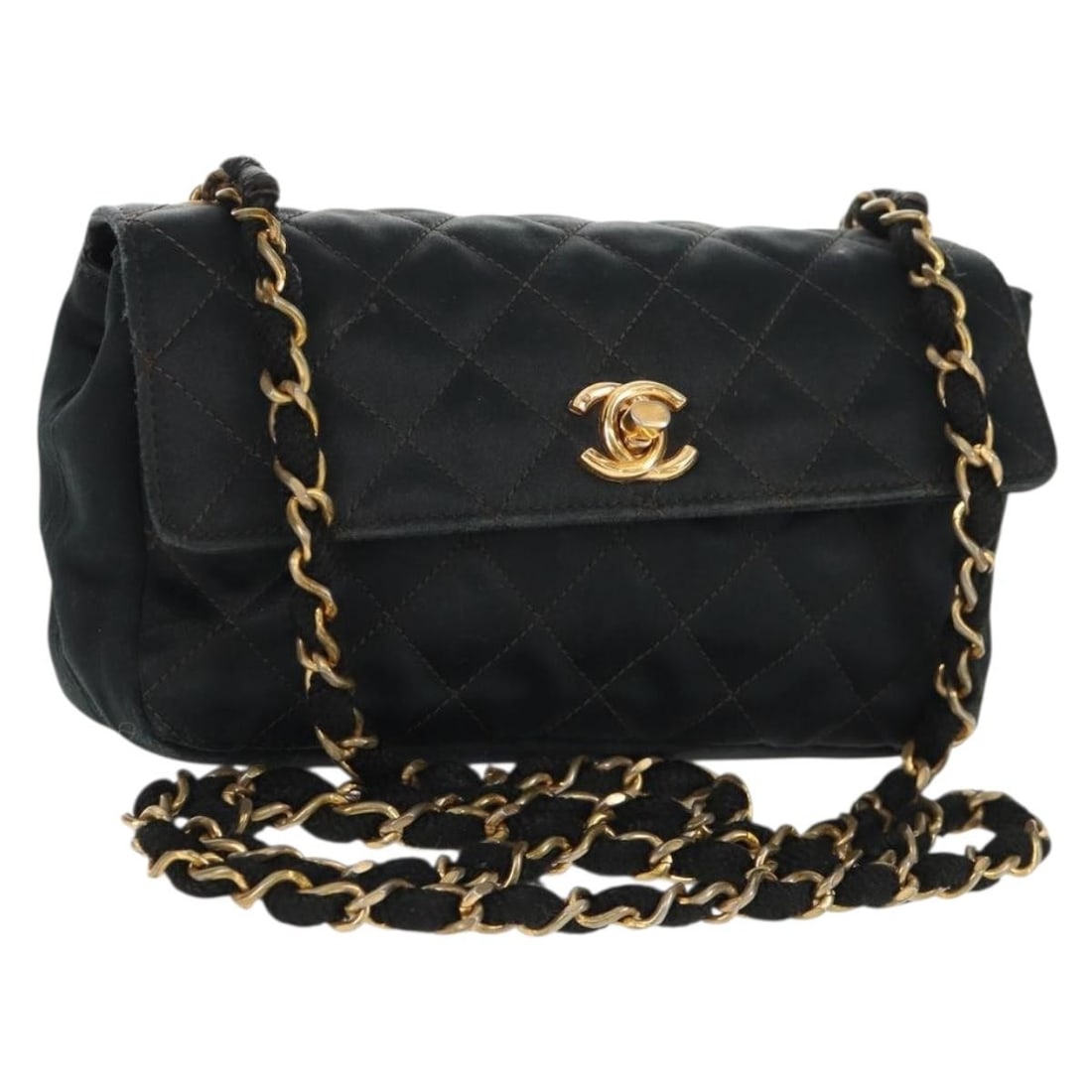 Satin Mini Matelasse 18 Shoulder Bag by CHANEL Black with Gold CC Chain: Satin Mini Matelasse 18 Shoulder Bag by CHANEL Black with Gold CC Chain This CHANEL Mini Matelasse 18 chain shoulder bag features a black satin exterior with gold-tone accents and the iconic CC logo. 